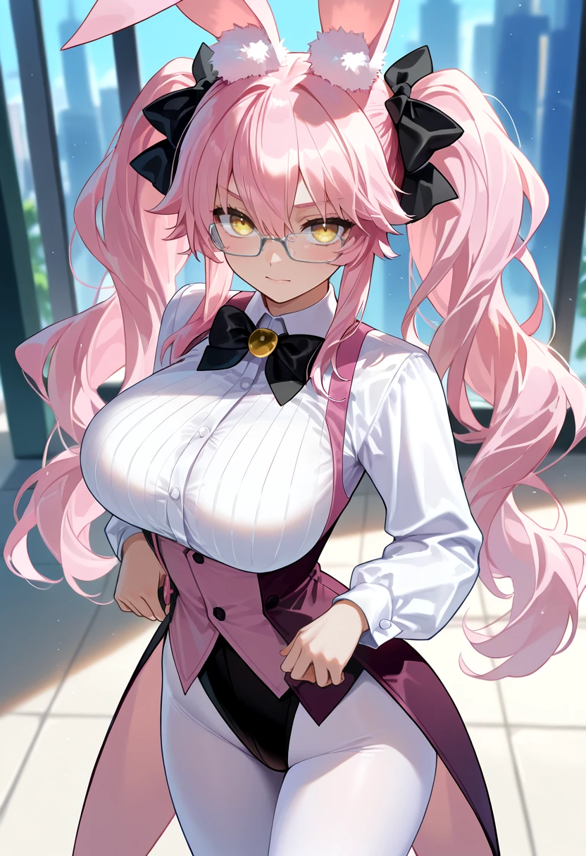 masterpiece, best quality, 1girl, solo, huge breasts, <lora:Koyanskaya-Initium-fullstackv1-000015:1>,  animal ear fluff, black bow, coattails, collared shirt, dress shirt, glasses, hair between eyes, large breasts, long hair, long sleeves, pink hair, pink waistcoat, rabbit ears, sidelocks, sleeveless waistcoat, twintails, underbust, long sleeve shirt, white pantyhose, white shirt, yellow eyes