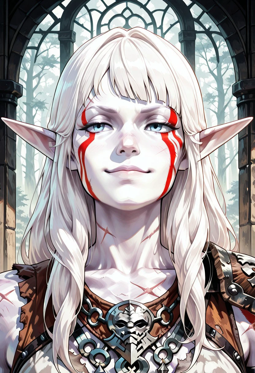 masterpiece, best quality, newest, absurdres, highres, PaintedComicV4.0 1girl, mature and imposing, 30 years old, portrait, beautiful, Elf shaman dramatic lights, white hair, (long hair:1.3), side bangs, barbarian, gladiator, war paint, white skin, white colored skin, albino, albino skin, muscular, athletic, scars, (smug:0.85), medium brests, blue eyes