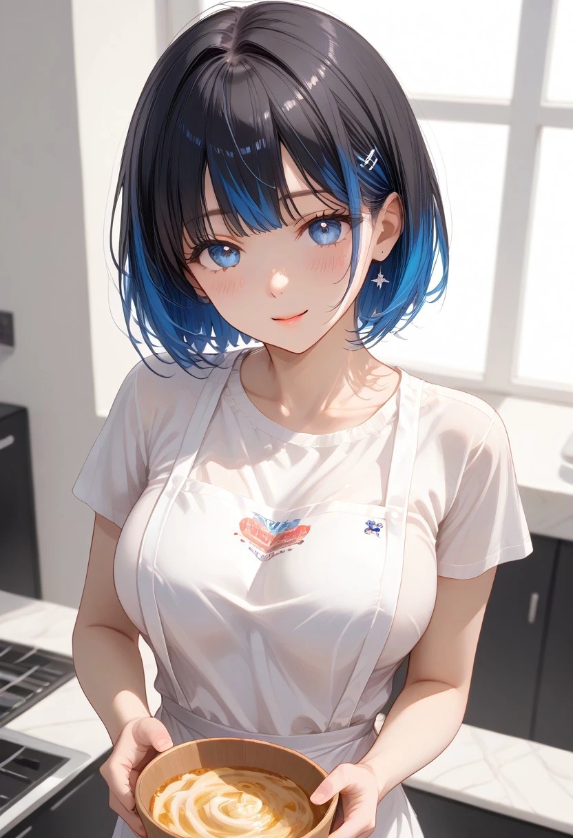 (Shion Tachibana, Short hair, Black hair, Multicolored Blue hair, Expressive eyes, Blue crystal eyes), perfect face, blushing, happy expression, perfect body, tall, white skin, big breasts, kitchen background, wearing a daily outfit, white shirt, short, apron, cooking, The lighting creates dramatic shadows and highlights, adding depth to the artwork, The perspective is from a slightly elevated angle to enhance the impact of the character's expression. (masterpiece, detailed:1.2), (High Resolution), (More Details), (8K), (High Resolution), Aesthetic style, (glitter), soft anime, intricate colors, vibrant colors, color detail, ((Anime illustration)), ((Incarnate detail)), ((Masterpiece)), ((Highest quality)), easynegative,