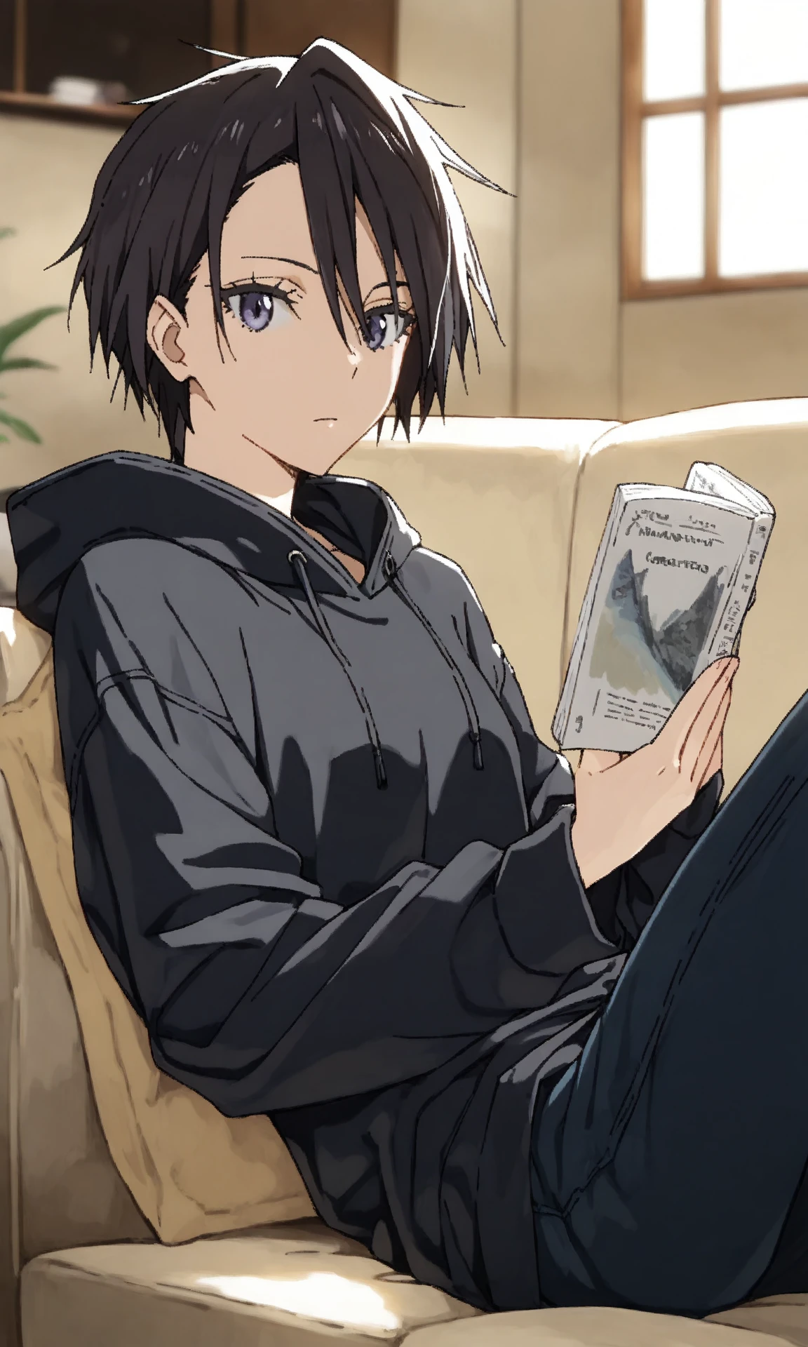 sakaguchi hinata, 1girl, solo, short hair, black hair, hair between eyes, looking at viewer, hoodie, oversized clothes, casual, trousers, interior, holding book, indoors, reading, sofa, reclining, (masterpiece, best quality, very awa:1.2), recent, year 2024