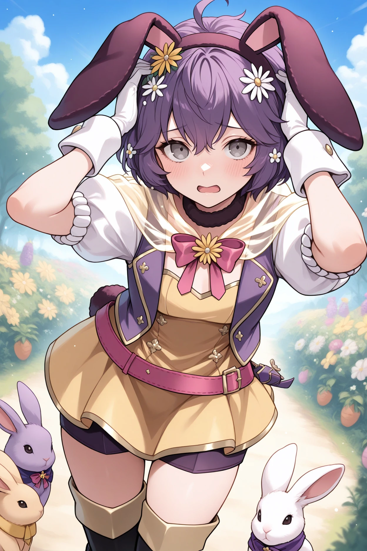 masterpiece, best quality, 1girl, solo <lora:febernadetta-illu-nvwls-v1-000006:1> sprbndta, purple hair, messy hair, hair between eyes, grey eyes, hair flower, fake animal ears, hairband, purple vest, fur choker, see-through capelet, pink bowtie, yellow dress, short dress, puffy short sleeves, shorts under dress, wrist cuffs, white gloves, black thigh boots, closed eyes, embarrassed, open mouth, blush, hands up, hands on own head, bunny pose, rabbit, garden, blue sky, looking at viewer