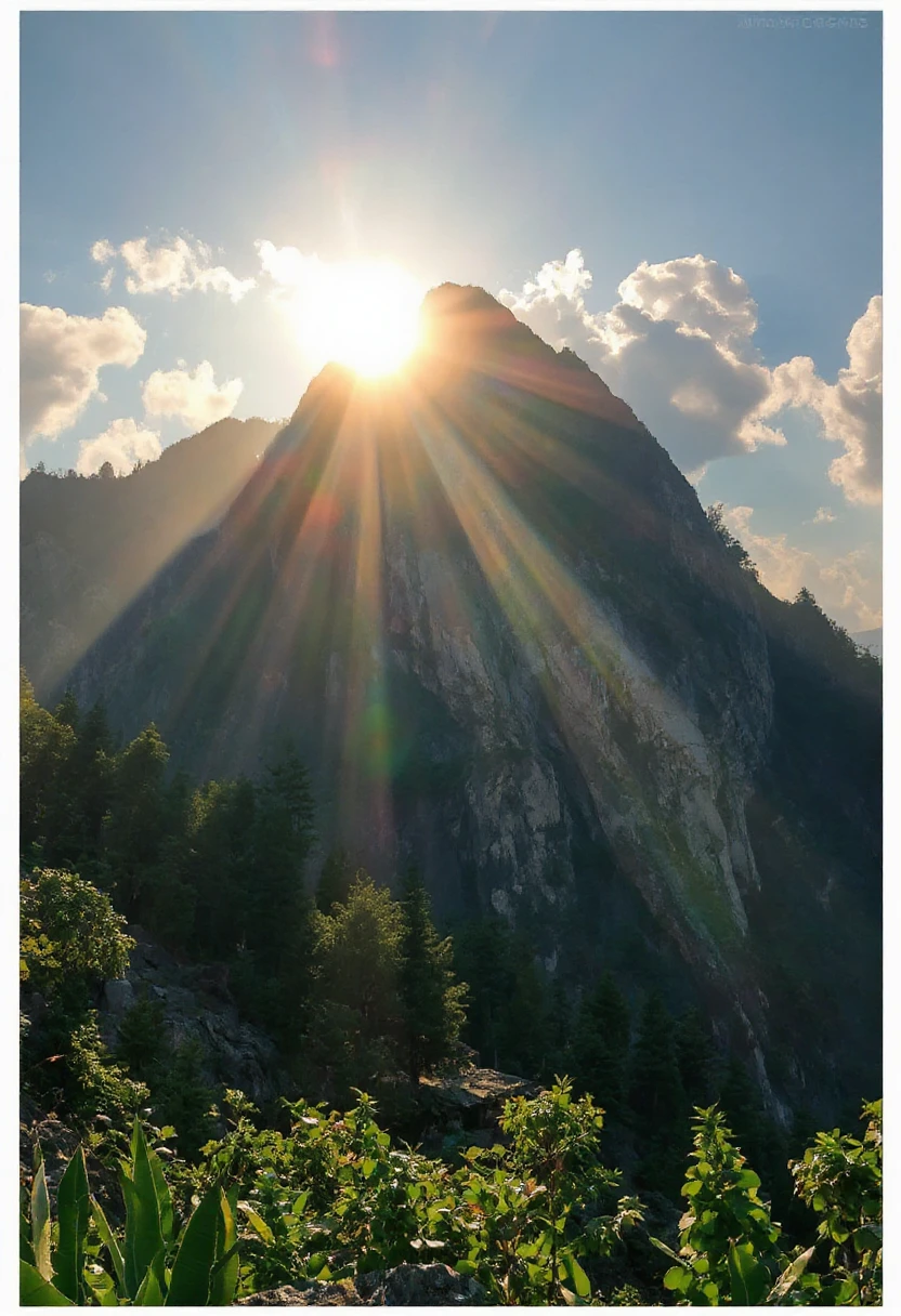 A 4k photo of a mountain in a jungle - national geographic style, sun, godrays