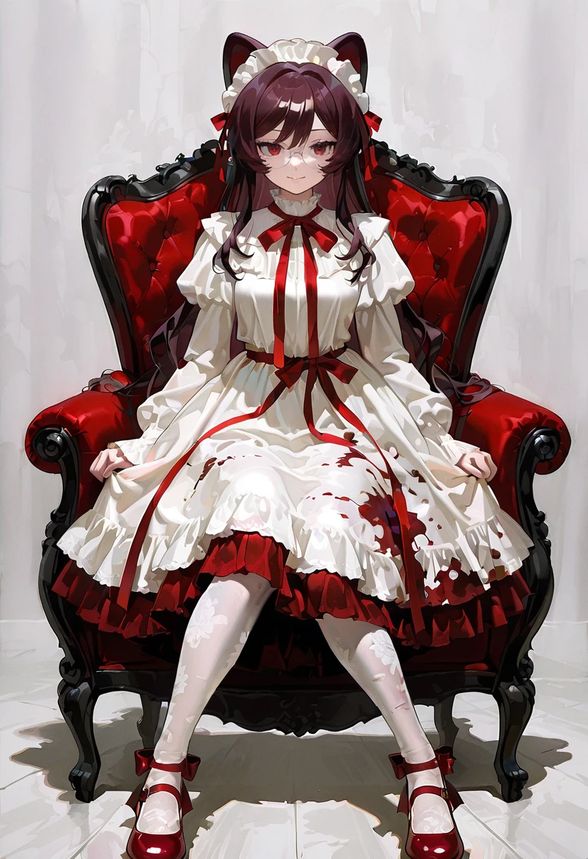 1girl,solo,looking at viewer, echo (circa), rc dress, red footwear, blood on clothes, white dress, long sleeves, red dress, bow, white pantyhose, red ribbon, fukawa_toko, sitting, smile