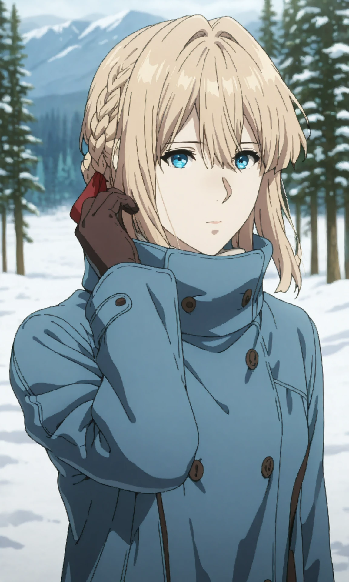 violetmv, matureviolet, 1girl, solo, blue eyes, brown gloves, small breasts,

defaulthaircut, blonde hair, braid, medium hair, hair ribbon, red ribbon, hair bun, hair intakes,

coatoutfit, high collar, blue coat, buttons,

winter, forest, mountains, wind, adjusting hair, winter, snow, upper body, looking at viewer, expressionless, 

masterpiece, best quality, amazing quality, very aesthetic, absurdres, newest,