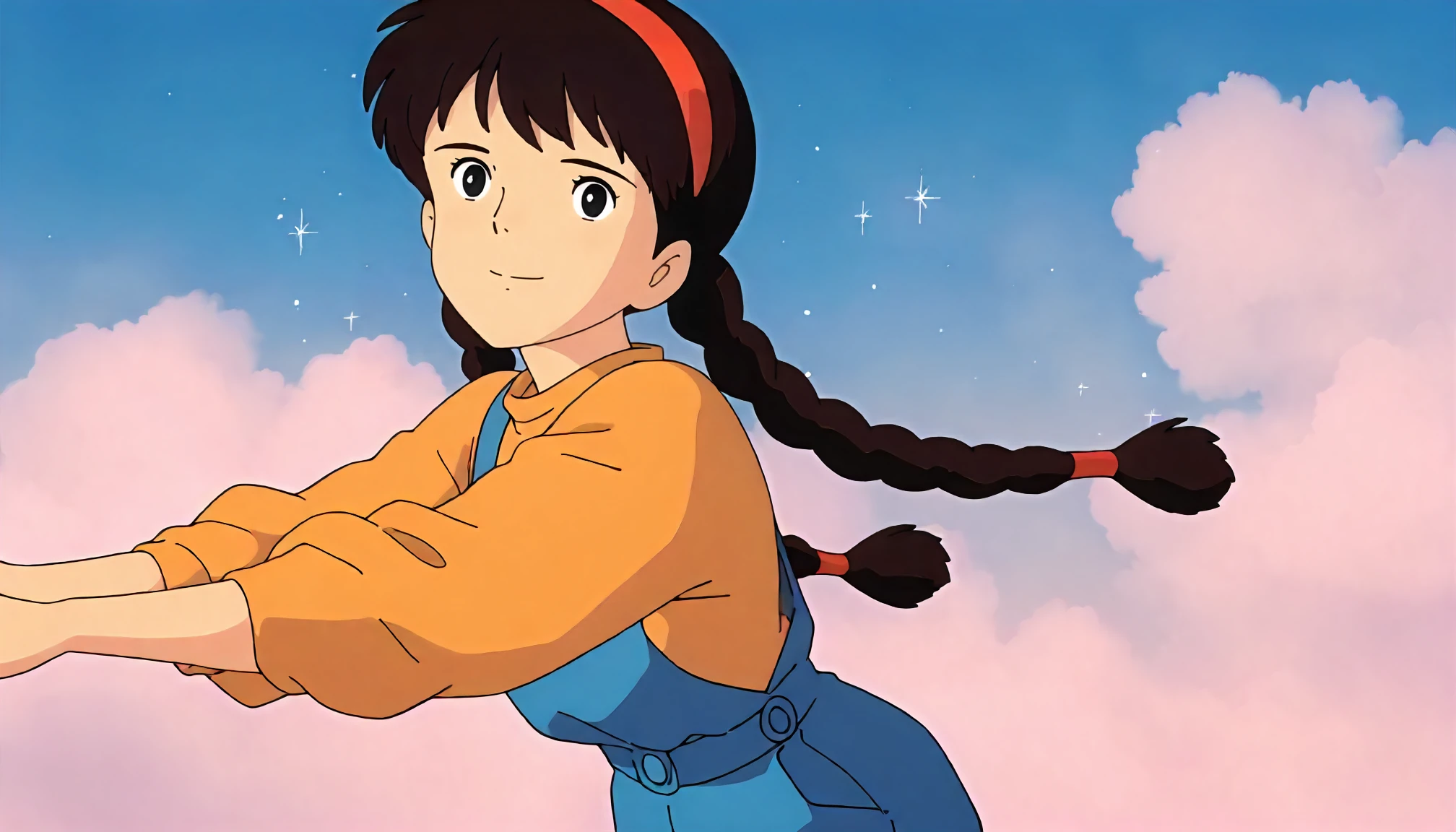 <lora:LCitS_sheetaXLIllustrious004>,
masterpiece,best quality,good quality,newest,
detailed background,blue sky,white cloud,glitter,
smile,
looking at viewer,
solo,
ghibli,anime coloring,retro artstyle,1990s \(style\),
sheeta\(tenkuu_no_shiro_laputa\),1girl,black brown hair,hairband,twin braids,black eyes,
overalls,