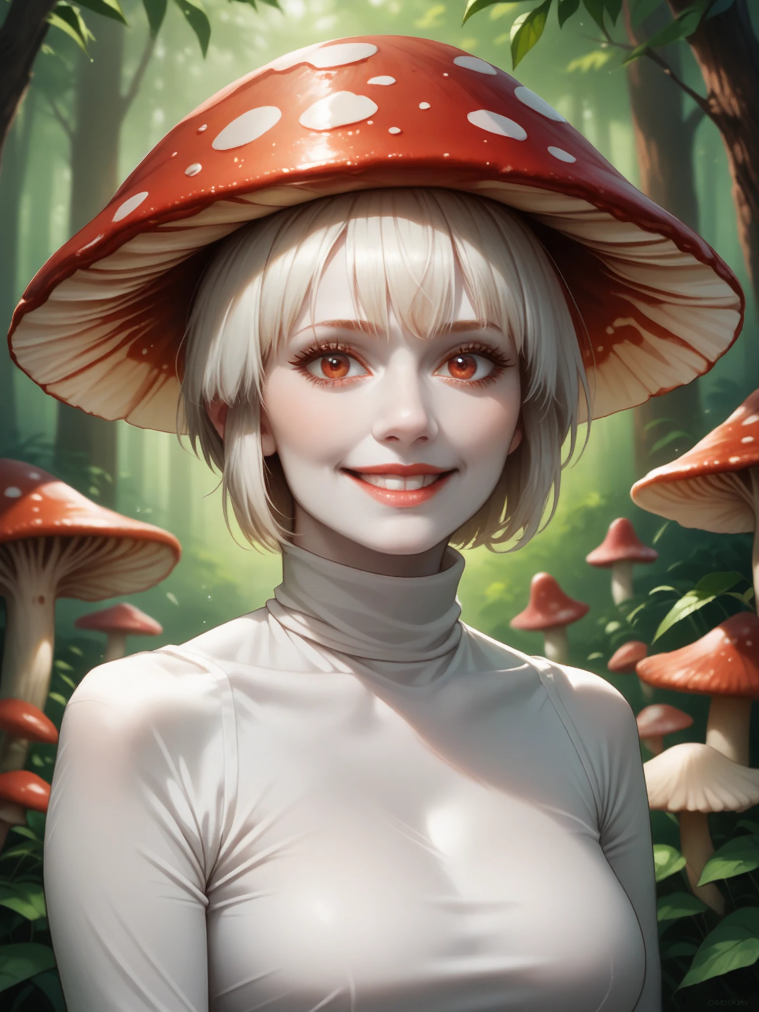 score_9, score_8_up, score_7_up, score_6_up, green forest,
BREAK sfw, Karin Spolnikova, red mushroom cap, portrait, standing, short haircut, neat hairstyle, bang, <lora:Karin_Spolnikova_pony_v1.0:0.9>, 1girl, upper body, (red mushroom), dafoodie, sparkling food focus, white hair, red eyes, eyelashes, smile, (white skin:2), white dress, turtleneck, long dress, <lora:eyelashes_pony_V1.0:0.25> <lora:DaHappyToServeILXL:1>