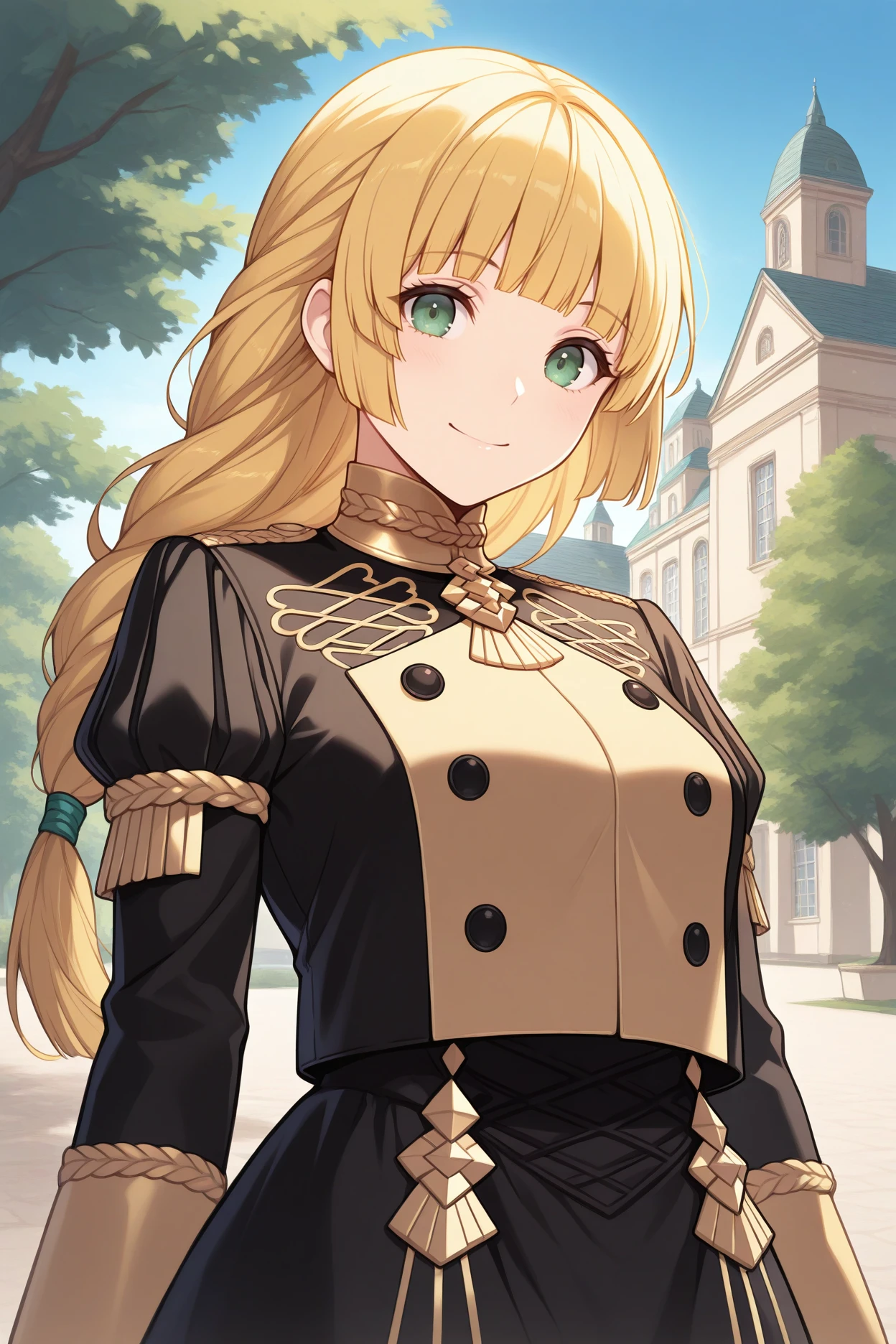 masterpiece, best quality, 1girl, solo, <lora:feingrid-illu-nvwls-v1-000005:1> dfing, blonde hair, braided ponytail, long hair, blunt bangs, green eyes, black jacket, black buttons, black skirt, gold trim, looking at viewer, upper body, smile, blue sky, victorian architecture, tree, colorful