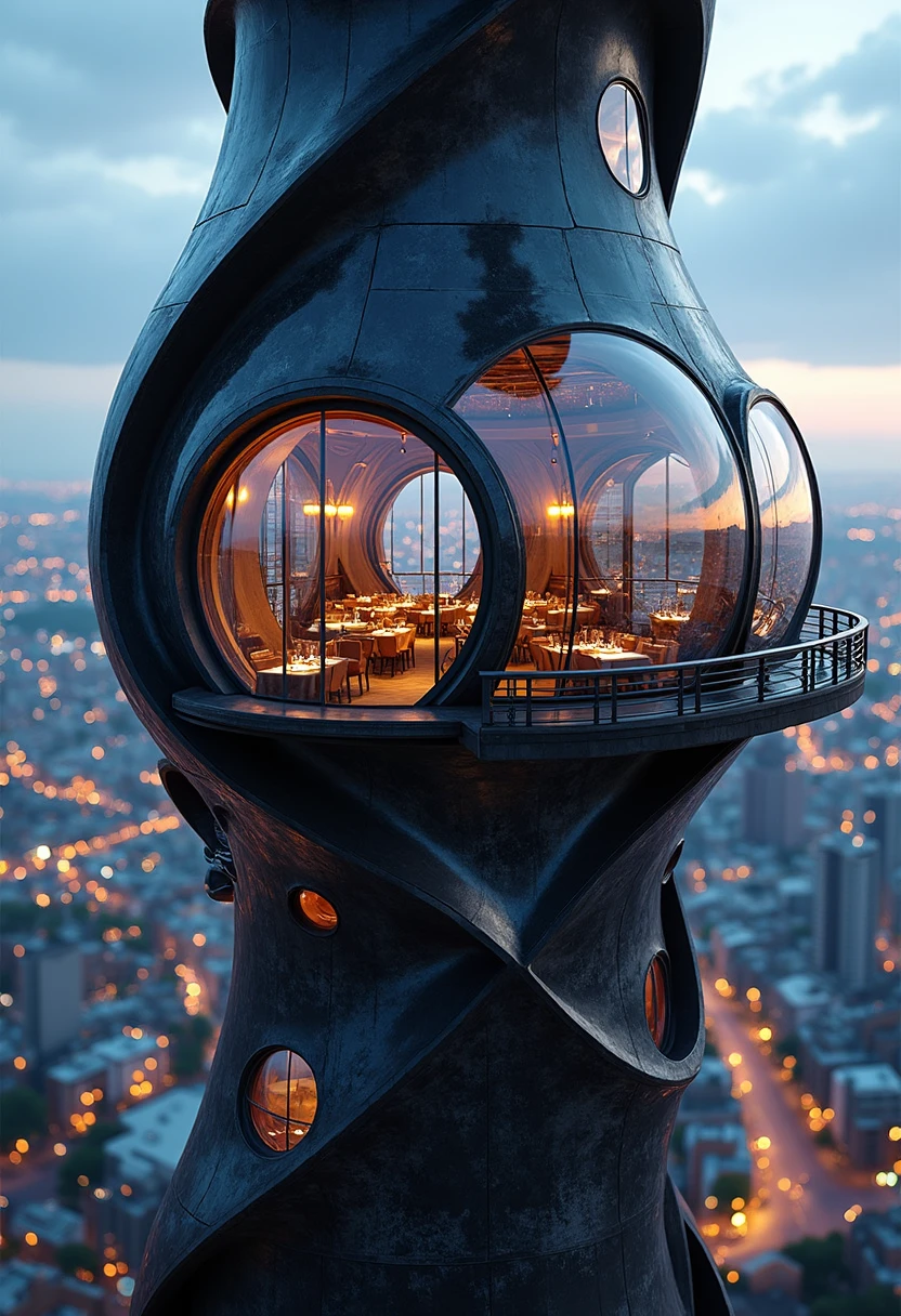 YFG-Rounded An opulent restaurant suspended in a glass orb at the top of a twisting spire, ringed by a narrow external balcony, city lights twinkling far below as night sets in.