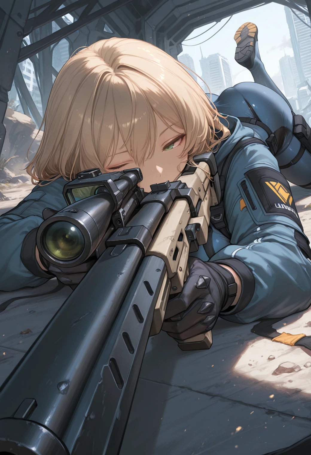 1girl, holding gun, sniper rifle, science fiction, on stomach, foreshortening, 
(aiming, face at sniper rifle scope,), one eye closed, 
masterpiece, best quality, amazing quality, very aesthetic, absurdres, newest, <lora:Mocase_Style:1>