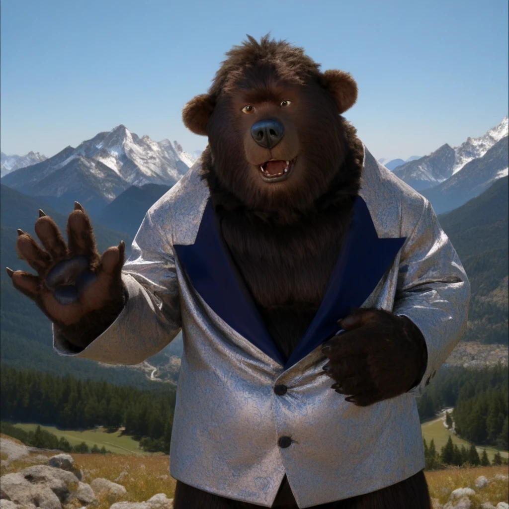 ted bedderhead, big bear, tall, dark brown fur, belly, standing tall, bara, waving to viewer, hand paws, mountains in background