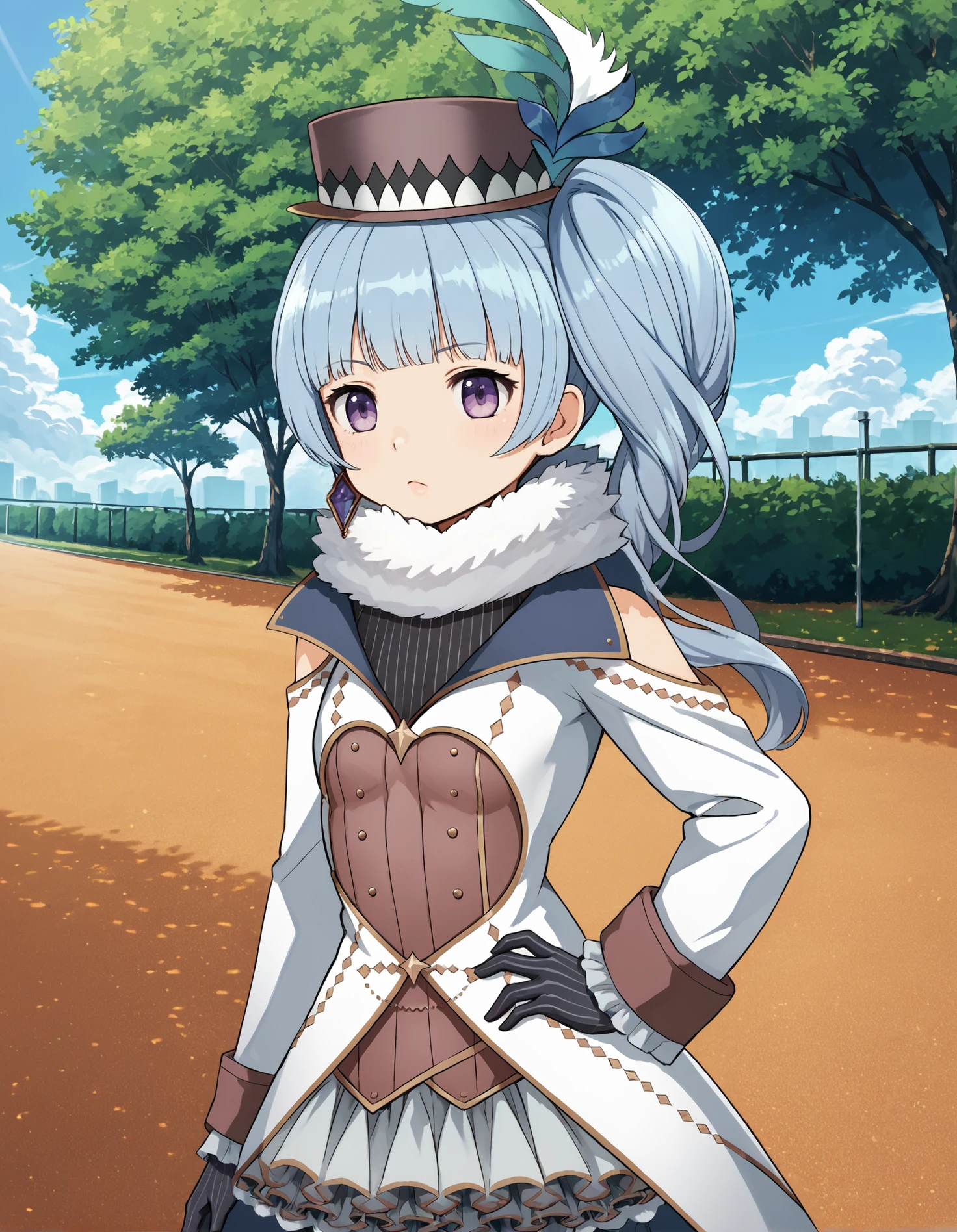 score_9, score_8_up, source_anime, 1girl, upper body, medium shot, detailed, mgrckumiseika, light blue hair, side ponytail, purple eyes, brown feathered hat, white fur scarf, single purple earring, black striped top, white coat, shoulder cutout, heart cutout, brown vest, white frilled skirt, black striped gloves, hand on hip, outdoors, park, day, tree, sky, clouds, (side view:0.7), <lora:mgrckumiseika_XL:1>