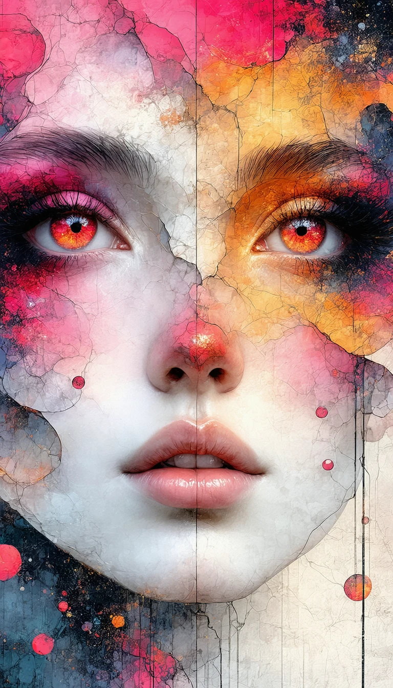 The image presents a digital illustration of a face, rendered in a surreal and fantastical style. The face is predominantly white, with a face of pink and orange hues. The eyes are a striking red, and the nose is a pale pink. The face is adorned with intricate patterns and designs, including swirls, curves, and lines, giving it a sense of depth and dimension. The background is a dark, moody color, providing a stark contrast to the face and enhancing its prominence. The image is a close-up shot, focusing on the face and its details.