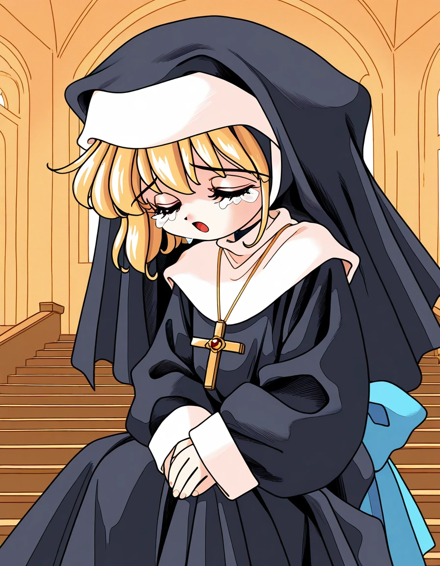 general,highres, ultra-detailed,very aesthetic,best quality ,best hands,  BREAK <lora:Melodylibrary_IS:1>
Melodylibrary, nun, blonde hair, closed eyes, bangs, short stack, 1990s (style),  tears, sad, 
habit, blue bow, jewelry, cross necklace, long sleeves,
1girl, solo, cross, habit, jewelry,  open mouth, cross necklace, necklace, long sleeves, short hair, looking at viewer, 
stairs, 
church, latin cross,