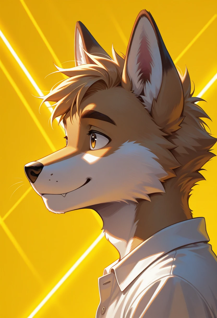 <lora:Lines_Light_Background_Illustration:0.85>, lines_light_background, male, anthro, furry, light brown fur, lines_light_background, yellow background, lines background, cheerful, side view, cheerful, casual shirt, portrait, anime