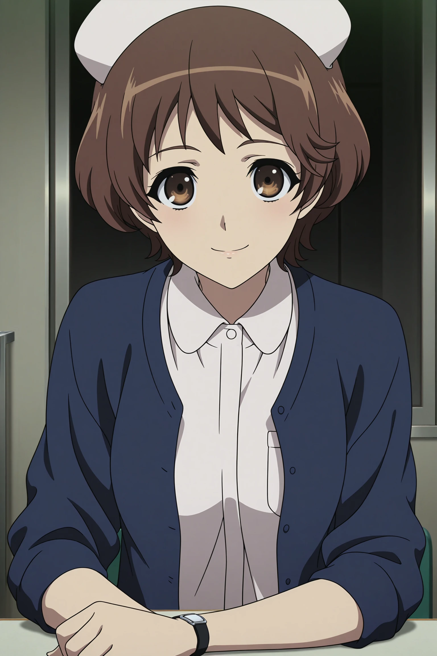 masterpiece, best quality, amazing quality, highres, absurdres, very aesthetic, high resolution, ultra detailed, perfect details, 1girl, solo, indoors, hospital, mizuno sanae, brown hair, short hair, brown eyes, nurse, nurse cap, blue cardigan, open cardigan, white shirt, collared shirt, long shirt, wristwatch, sandals, <lora:Sanae_Mizuno_ILXL:0.8>, (aged up:1.4), (upper body:1.2), (anime coloring:1.2), (anime screencap:1.2), looking at viewer, smile, (vignetting:1.6), (pose:1.2)