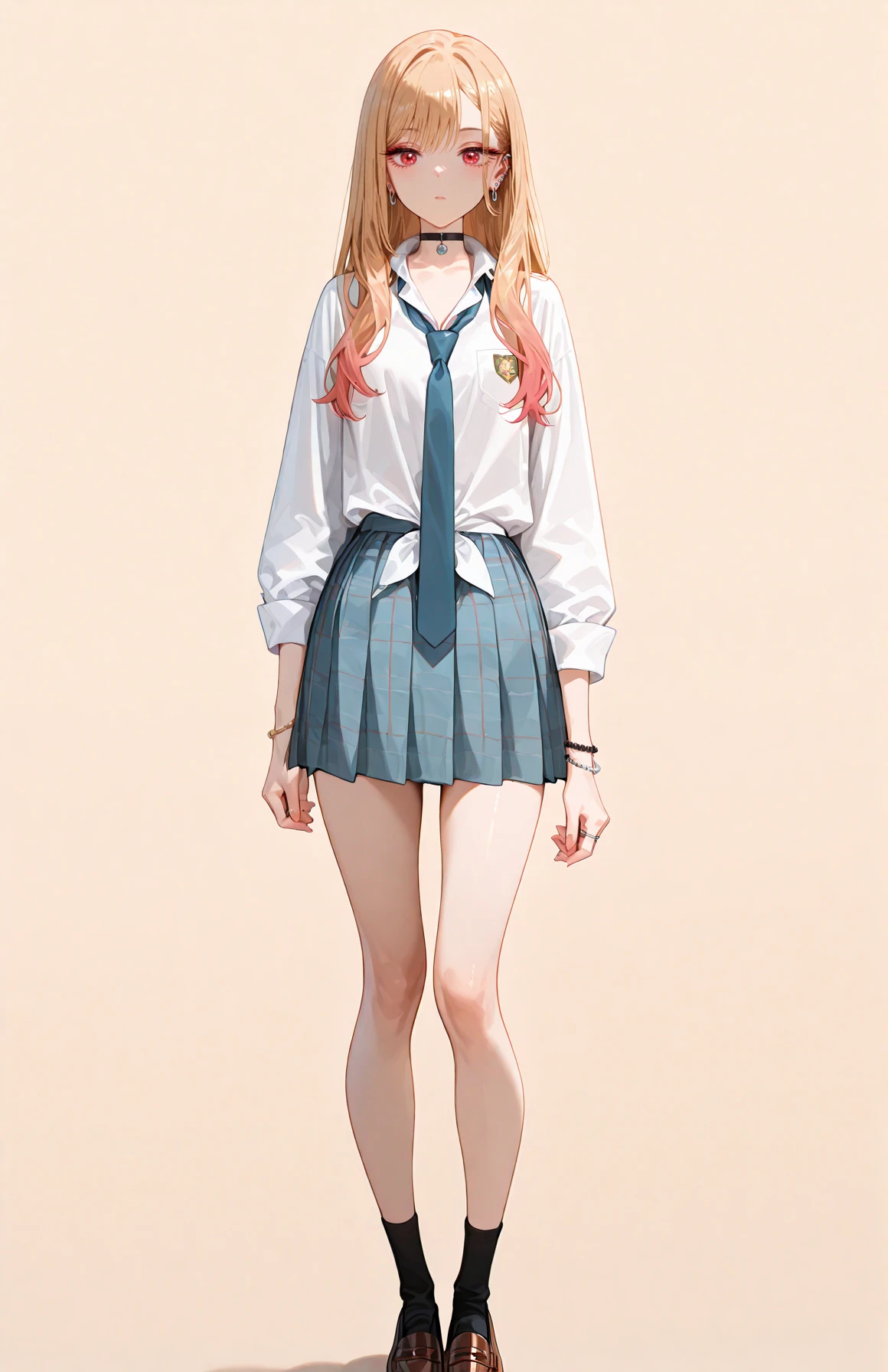 perfect quality,high quality,masterpiece,absolutely eye-catching,ambient occlusion,raytracing,front view,full_shot,MarinKitagawa CYQL,1girl,solo,looking at viewer,blonde hair,long hair,multicolored hair,gradient hair,red eyes,jewelry,choker,black choker,earrings,ear piercing,piercing,bracelet,ring,school uniform,long sleeves,necktie,blue necktie,shirt,white shirt,tied shirt,pocket,skirt,pleated skirt,plaid,plaid skirt,blue skirt,socks,black socks,loafers,brown footwear,full body,standing,floralwhite background,simple background,<lora:ponyv4_noob1_2_adamW:0.7>,<lora:spo_sdxl_10ep_4k-data_lora_webui:0.6>,<lora:USNR STYLE_XL_loha:0.45>,<lora:illustrious_all_rated_v1:0.7>,<lora:Marin_Kitagawa-000010:1>,