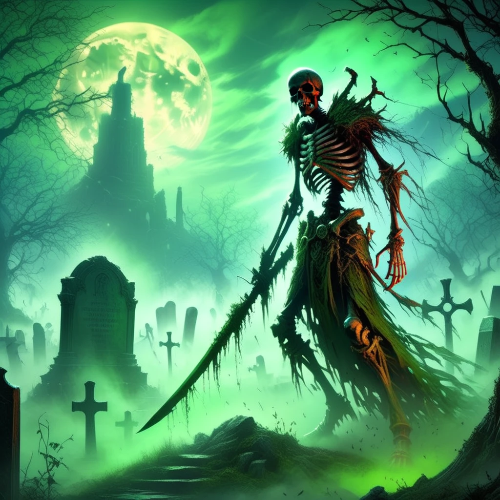 anime artwork skellies,  skeletal warrior, wielding a scythe, standing in a mist-covered graveyard, cracked tombstones, eerie green fog, mid shot, backlit by the moon, soft glow, haunting atmosphere, dark fantasy  <lora:Skeletal Warriors- sdxl1.0:1> . anime style, key visual, vibrant, studio anime,  highly detailed