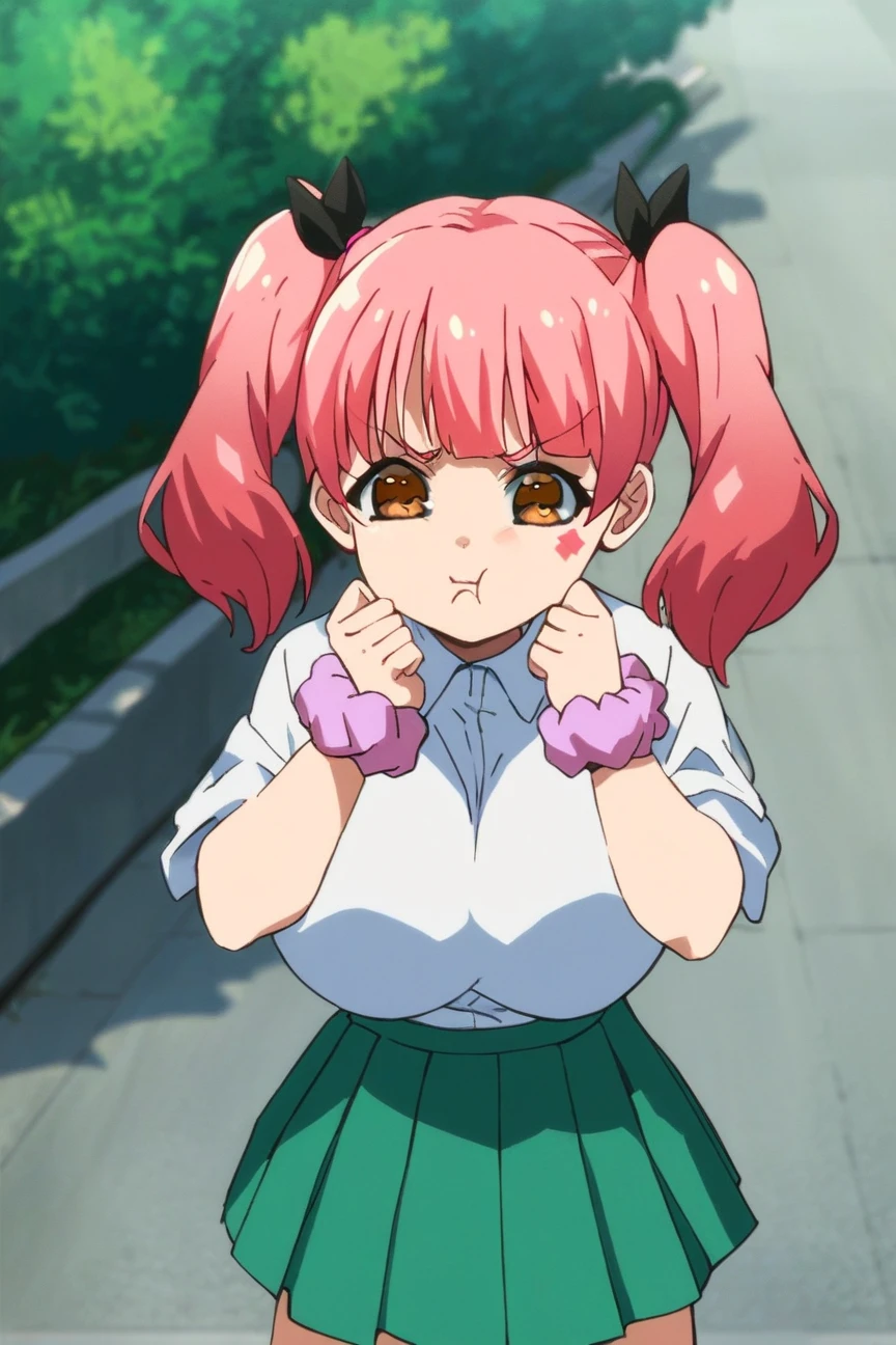 score_9, score_8_up, score_7_up, source_anime, <lora:My_First_Girlfriend_Is_a_Gal_style_PDXL:0.9>, nene, brown eyes, pink hair,twintails, large breasts, wrist scrunchie, white shirt, pleated skirt, standing, clenched hands, closed eyes, pout, solo, front view, outdoors, best quality, high quality
