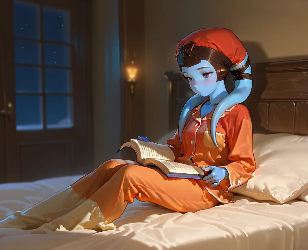 masterpiece, 1440p, 8k, UHD, amazing quality, high resolution,  <lora:Mission_Vao_Illustrious:1> missionvao, twilek, blue skin, lekku, 1girl, solo,  colored skin, reading book, sitting, alcove, bed, pajamas, night cap