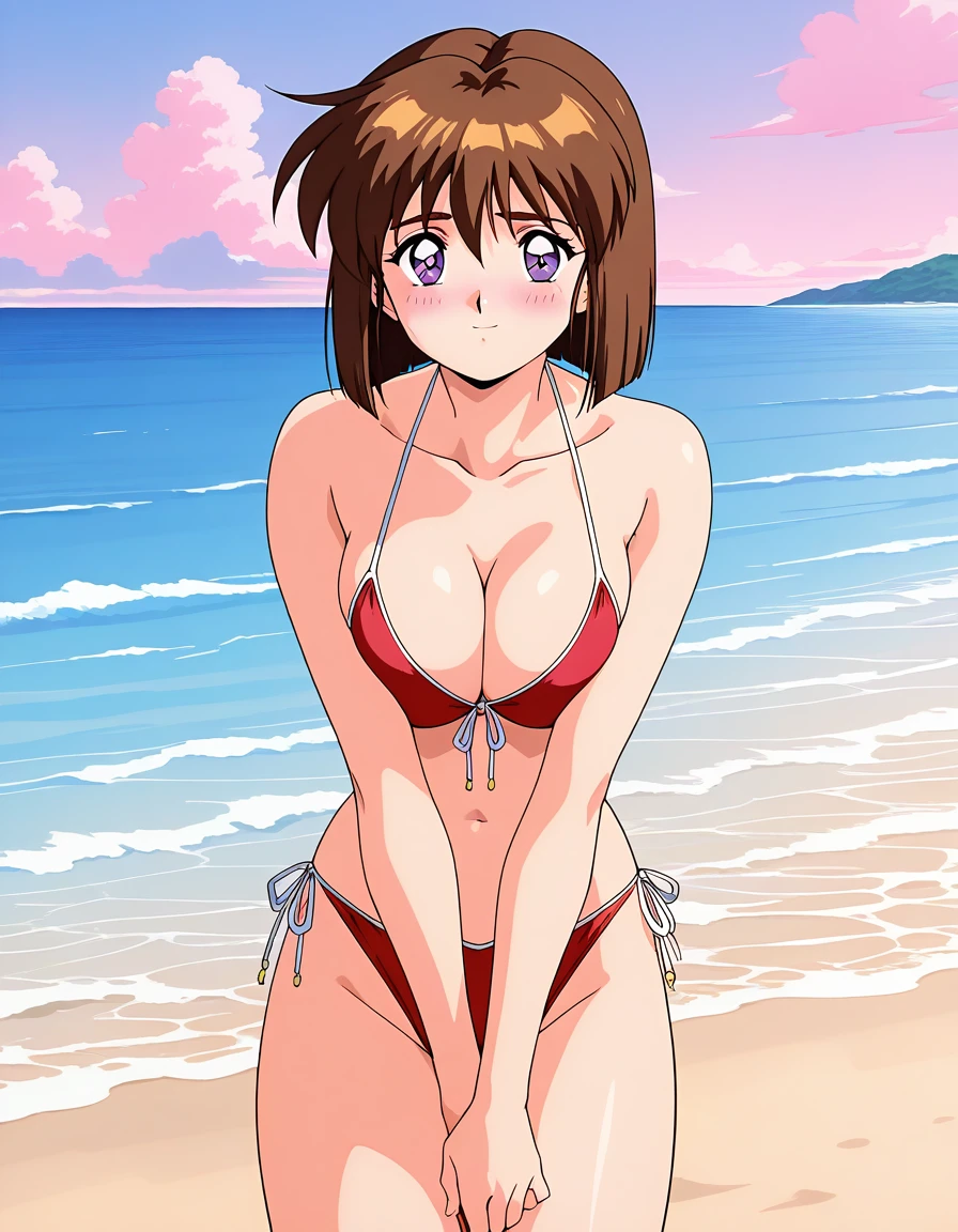 general,highres, ultra-detailed,very aesthetic,best quality ,best hands,  BREAK <lora:Amatsu_Mai_IS:1> Amatsu_Mai, 1girl,solo, brown hair, short hair, breasts, purple eyes, bob cut, bangs, 1990s \(style\),anime coloring, BREAK,
blush,   swimsuit, summer, beach, sea, cowboy shot,  large breasts, cleavage,
 blush,
BREAK, 1990s \(style\),anime coloring,  v arms, 
puzzled face, closed mouth,