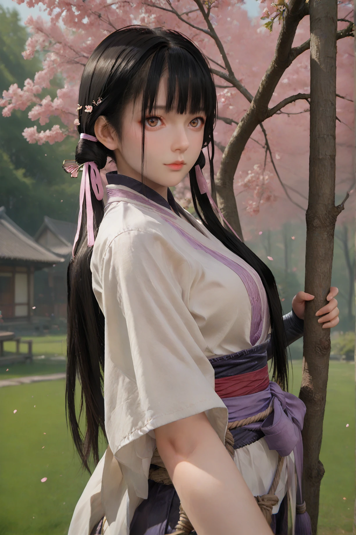 score_9, score_8_up, score_7_up, Balancing on a tree branch, she reaches for a blooming blossom, her grace defying gravity, looking at viewer, <lora:Sister_Li_Bloody_Spell:0.7> sis_li, 1girl, solo, black hair, long hair, twintails, sash, ribbon, brown eyes, bangs, hair ornament