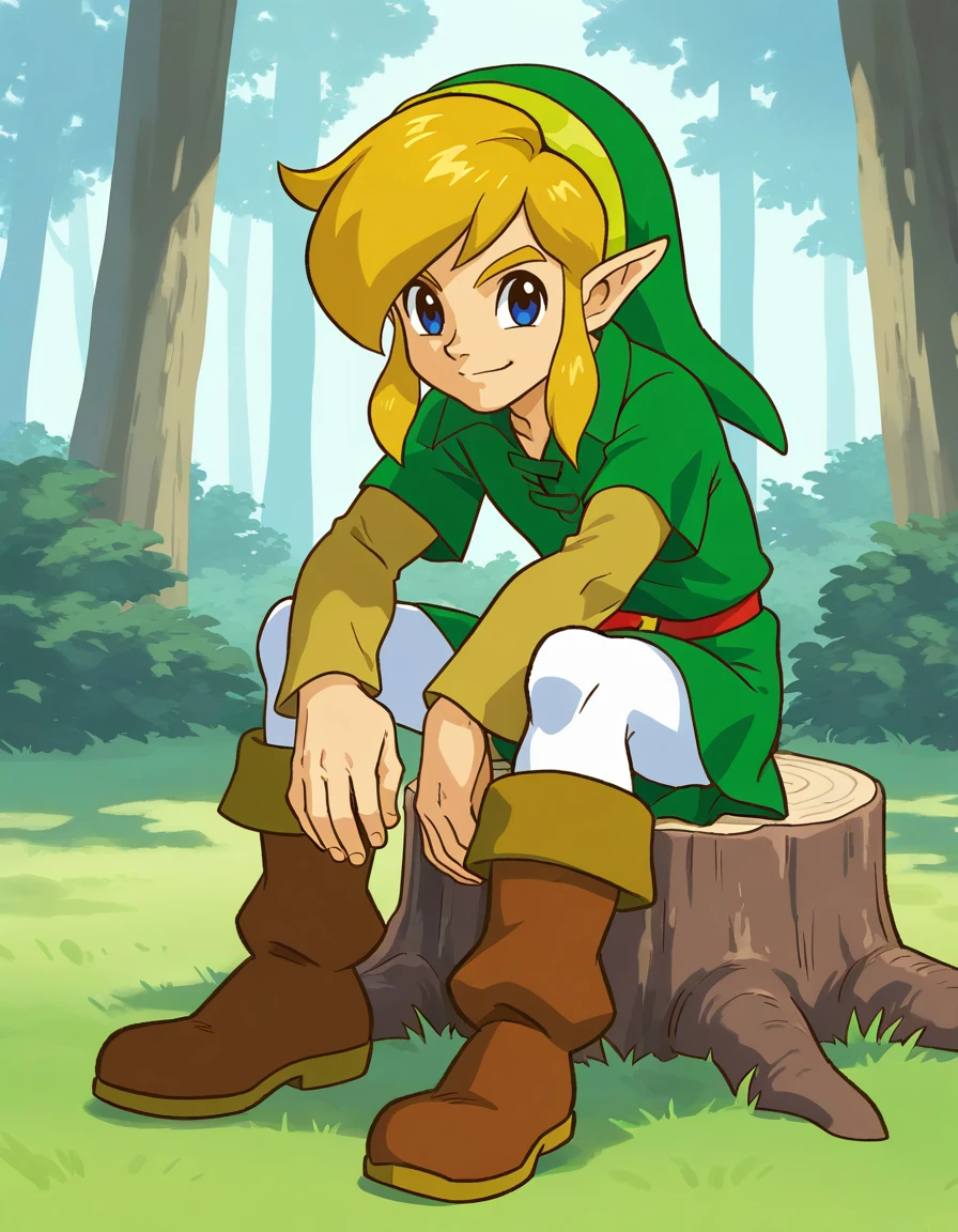 forest, stump, oraclelink, 1boy, young link, the legend of zelda: oracle of seasons, the legend of zelda: oracle of ages, official art, solo, male focus, sitting, white pantyhose, green tunic, collared shirt, green headwear, green pleated skirt, brown boots, layered sleeves, brown sleeves, blue eyes, closed mouth, blonde hair, full body, masterpiece, best quality, absurdres, very aesthetic, <lora:oraclelink:1>