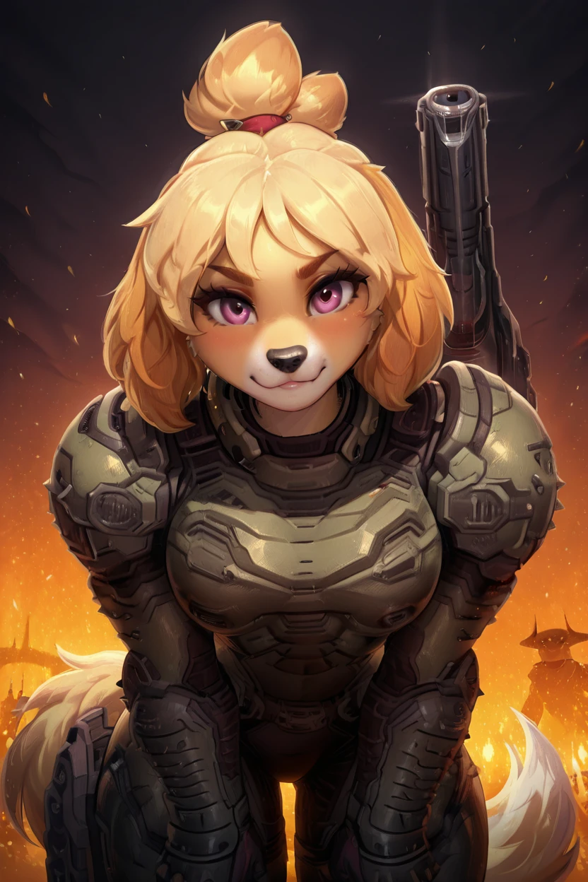 masterpiece, best quality, eyelashes, (beautiful eyes),   zzIsabelleDoom, furry, dog nose, power armor, (big gun),  looking at viewer, looking at viewer, head tilt, leaning forward, abstract background, gloves, lips, bokeh, up close, detailed eyes, seductive,  <lora:IckpotIXL_v1:0.6>,   <lora:IsabelleDoomSlayerIXL:1.0>,