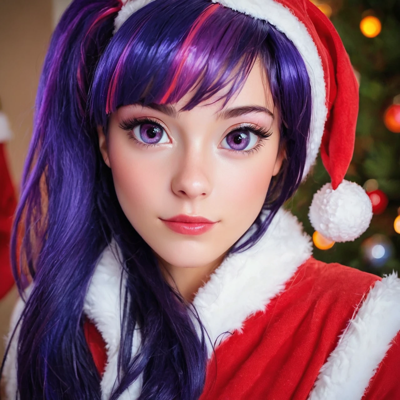 safe_pos, score_9, score_8_up, score_7_up, Twi in Christmas dress, 1girl,purple hair, cuitie face, beautiful purple eyes, photorealism, posing for photo