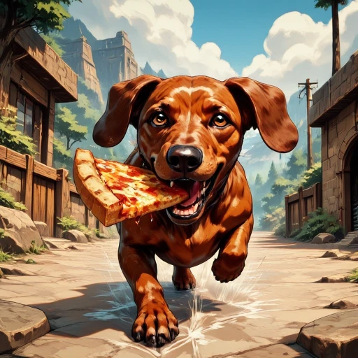 Digital ilustration in style of PaintedComicV4.0 of a dachshund running away with a big slice of pizza in his mouth