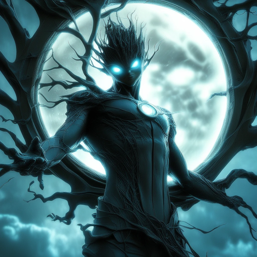 ArsMJStyle, Eldritch Sci-Fi, The image shows a person standing in front of a tree with a light shining through it surrounded by a sky filled with clouds., solo, glowing, moon, 1boy, male focus, glowing eyes, sky, full moon, looking at viewer, outstretched arms