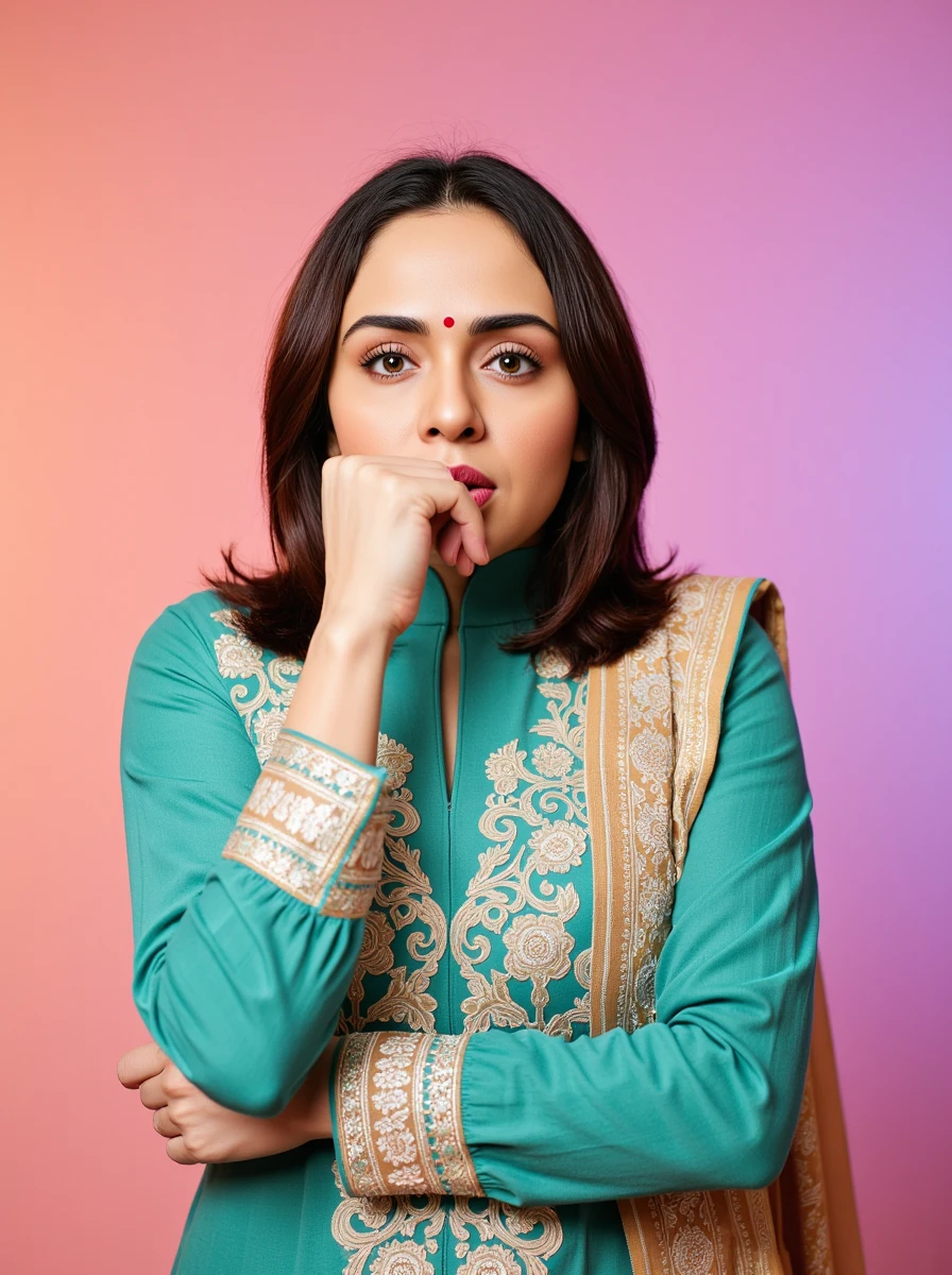 full body photo of Amruta Khanvilkar woman,hyper realistic candid photo making an O with her mouth,studio quality, wearing intricate conservative turtleneck Jade Churidar Suit, straight hair, pastel shaded multicolored background, cinematic lighting<lora:TestBed\Amruta_Khanvilkar_Flux_Kohya_LoRA_v1.safetensors:1.0:1.0>