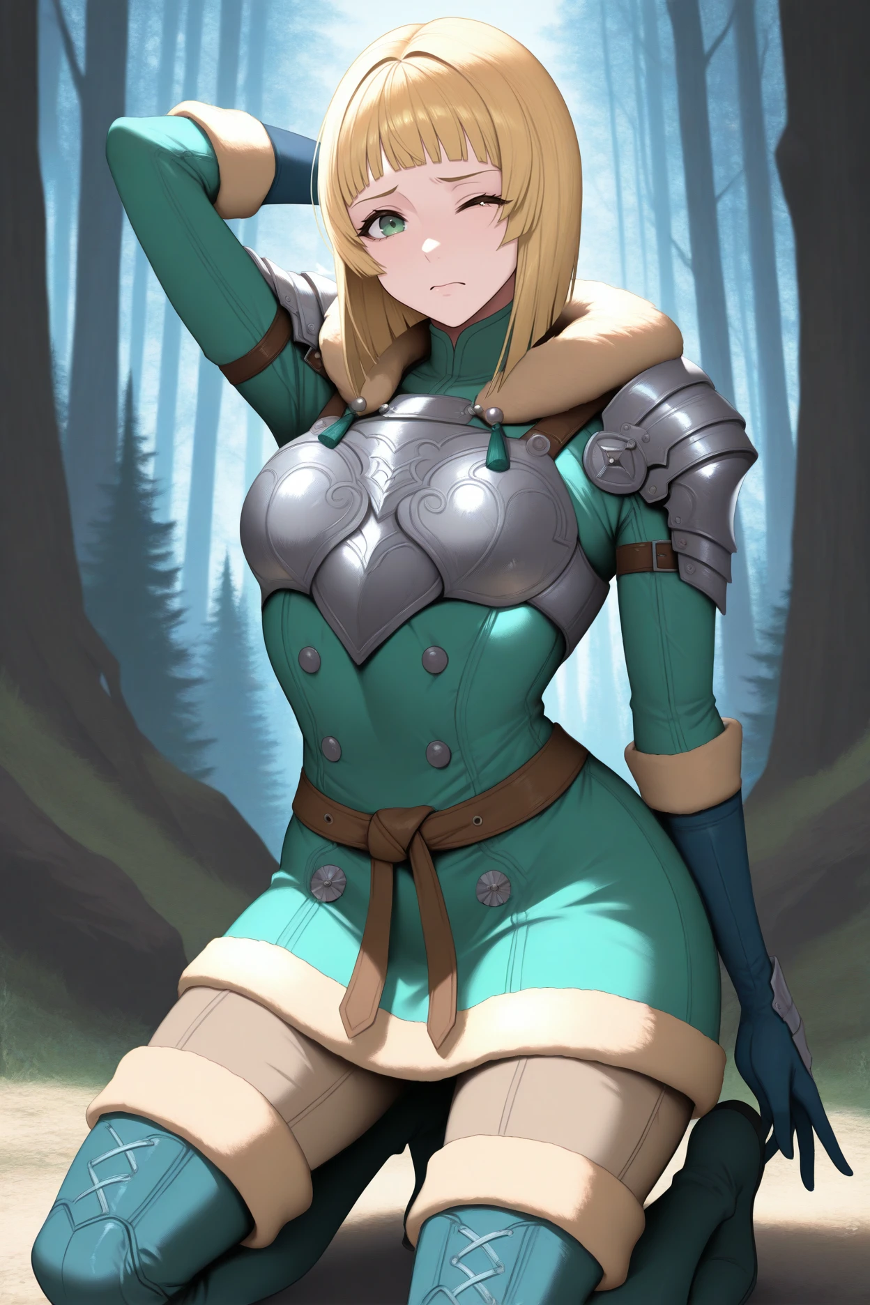 masterpiece, best quality, 1girl, solo, <lora:feingrid-illu-nvwls-v1-000005:1> 3hopesing, blonde hair, bob cut, medium hair, green eyes, blunt bangs, fur trim, shoulder armor, breastplate, green dress, belt, short dress, long sleeves, brown pants, aqua thigh boots, blue gloves, kneeling, looking at viewer, arm behind head, wince, injured arm, alpine forest