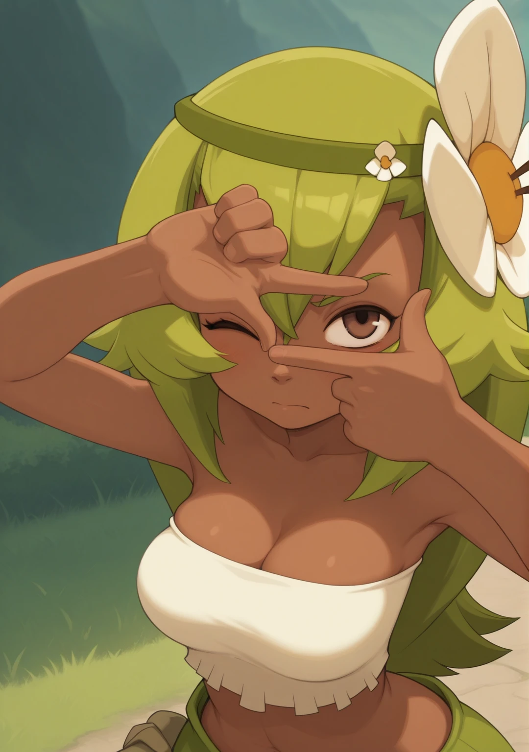 masterpiece,best quality,amazing quality, 1girl, solo, breasts, <lora:IlluAmalia:1> illuamalia, dark-skinned female, brown eyes, green hair, long hair, white bandeau, green miniskirt, hairband, hair flower, upper body, <lora:finger_frame_il_d16:1> finger frame, one eye closed, serious,