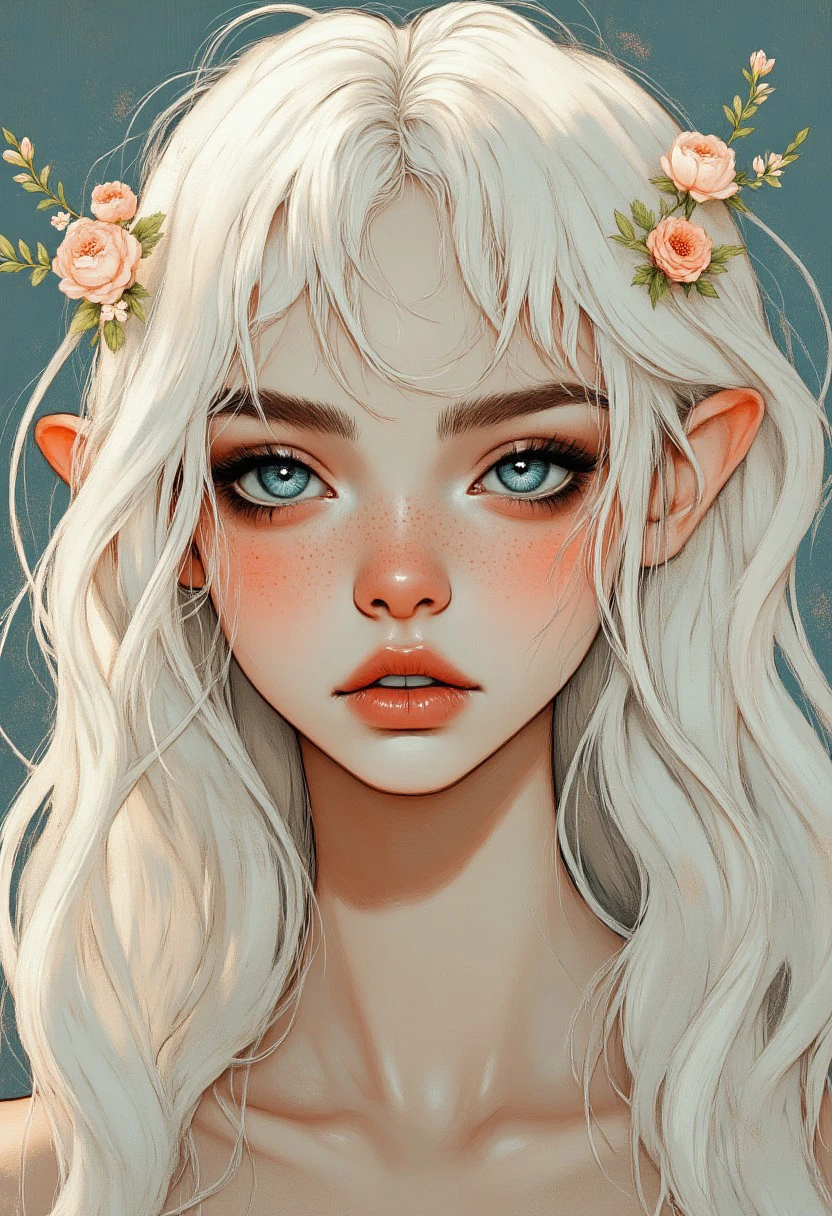 Elf girl with white hair and beautiful blue eyes, slight freckles, lit by sunbeams, little flowers in her hair, MoodyGirls