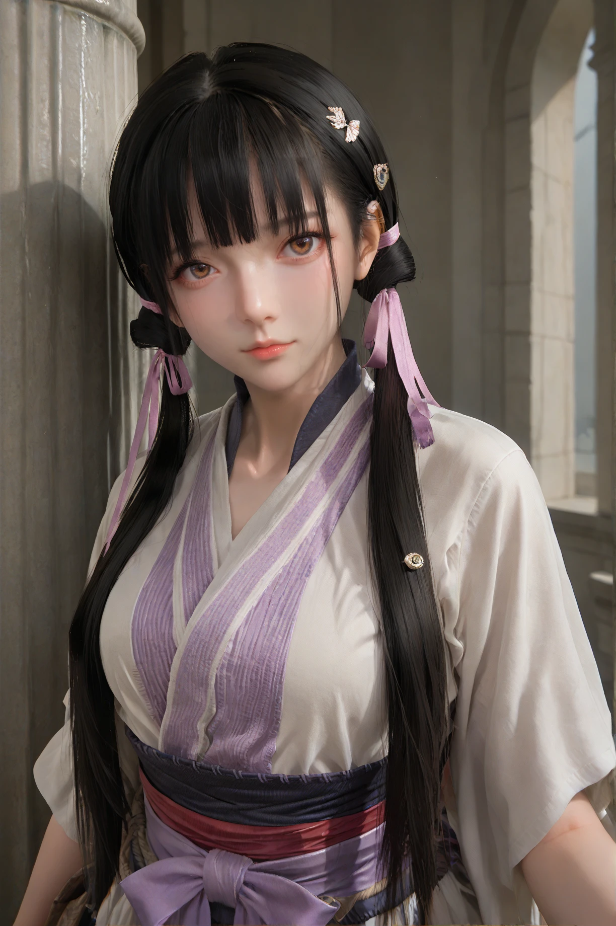 score_9, score_8_up, score_7_up, Leaning against a marble pillar, she holds a book close to her heart, her expression serene, looking at viewer, <lora:Sister_Li_Bloody_Spell:0.7> sis_li, 1girl, solo, black hair, long hair, twintails, sash, ribbon, brown eyes, bangs, hair ornament