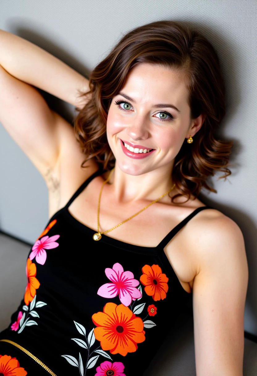 A Raw Hires photograph of a fair-skinned woman with shoulder-length, wavy brown hair, wearing a black sleeveless top adorned with vibrant orange and pink floral patterns. She has a warm, friendly smile and is looking at viewer with her beautiful Green eyes. She is posing with her right hand raised and placing behind her head  She is seated against a textured, metallic silver background. Her makeup is minimal, highlighting her natural beauty. She accessorizes with gold jewelry, including a belt and a ring on her right hand. Her expression is serene, and she gazes slightly upwards. Brunette_Bombshell