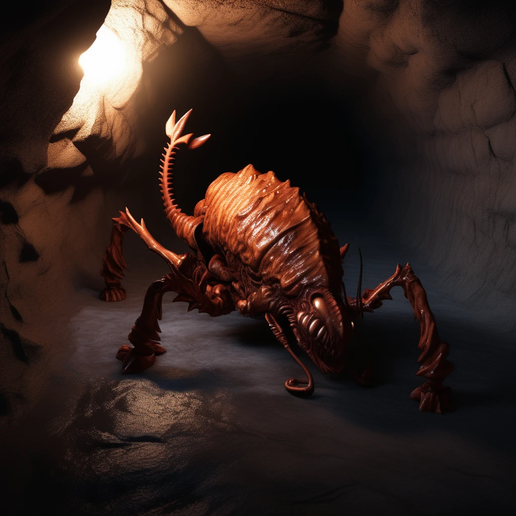 professional 3d model rust monster, prowling through an underground mine, glowing veins of metal in the walls, narrow passageways, low-angle shot, dim torchlight, ominous shadows, claustrophobic atmosphere, photorealistic detail <lora:Rust monster - sdxl1.0:1> . octane render, highly detailed, volumetric, dramatic lighting