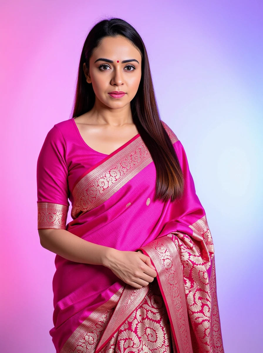 headshot photo of Amruta Khanvilkar woman,hyper realistic candid photo serious,studio quality, wearing intricate conservative long sleeved Magenta Kanjeevaram Silk Saree, straight hair, pastel shaded multicolored background, cinematic lighting<lora:TestBed\Amruta_Khanvilkar_Flux_Kohya_LoRA_v1.safetensors:1.0:1.0>