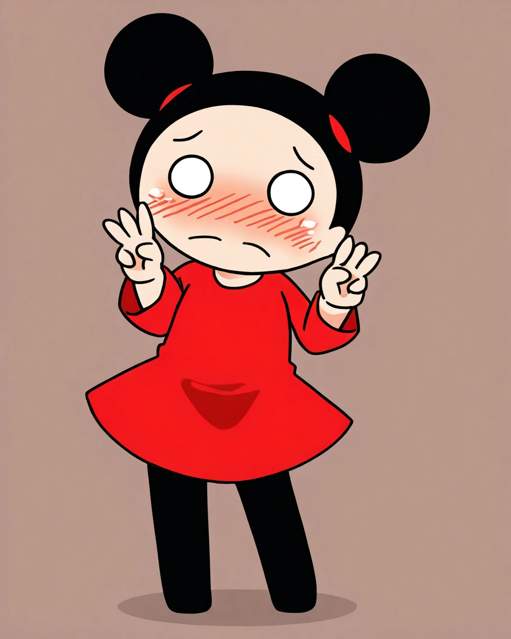 masterpiece, best quality, hoshinofuuta, chibi, 1girl, solo, pucca, red dress, black pantyhose, embarrassed, blush, double v, looking at viewer, standing, full body, office