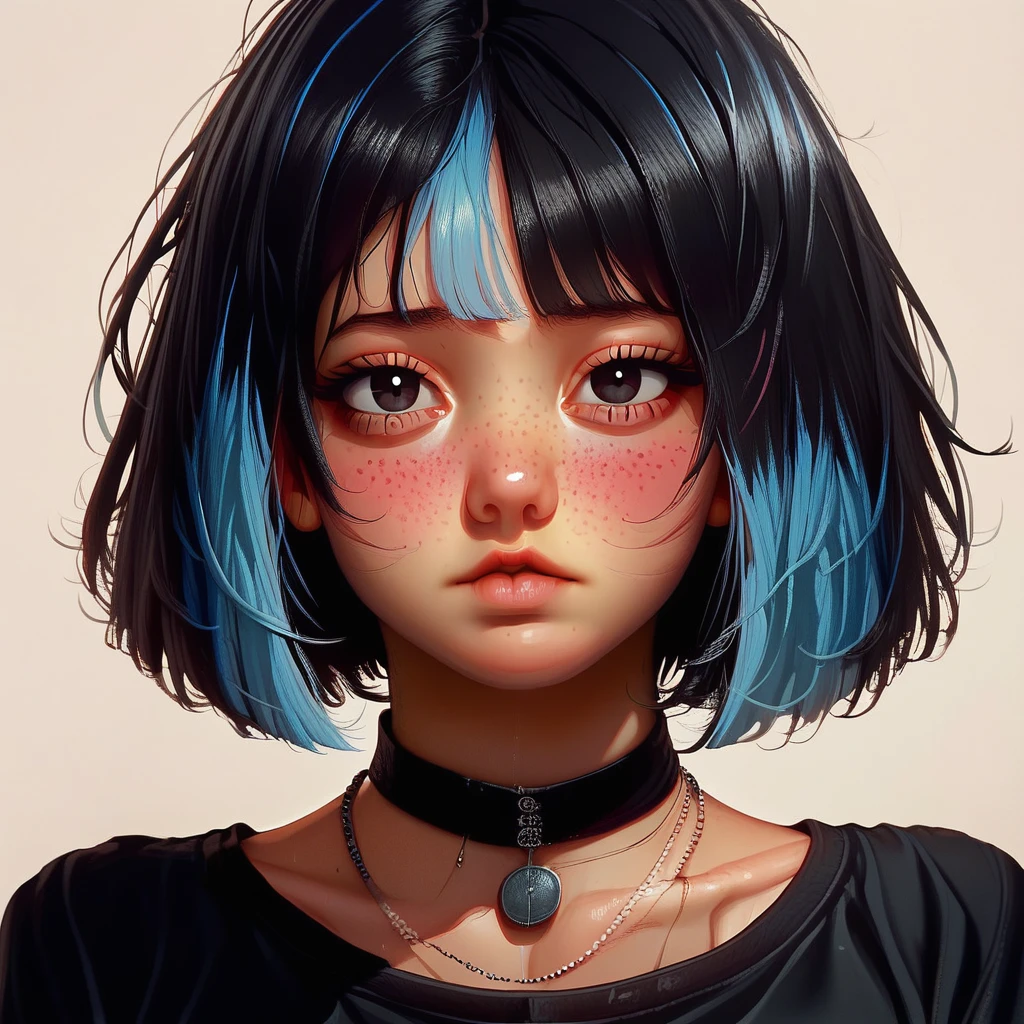 PixelNinjaArt \(Artist\), @PixelNinjaArt, 1girl, multicolored hair, black hair, blue hair, short hair, two-tone hair, lips, black eyes, portrait, collarbone, bob cut, blush, pendant, choker, necklace, shirt, looking at viewer, solo, simple background, white background, upper body, jewelry, freckles, black choker, black shirt, nose, closed mouth