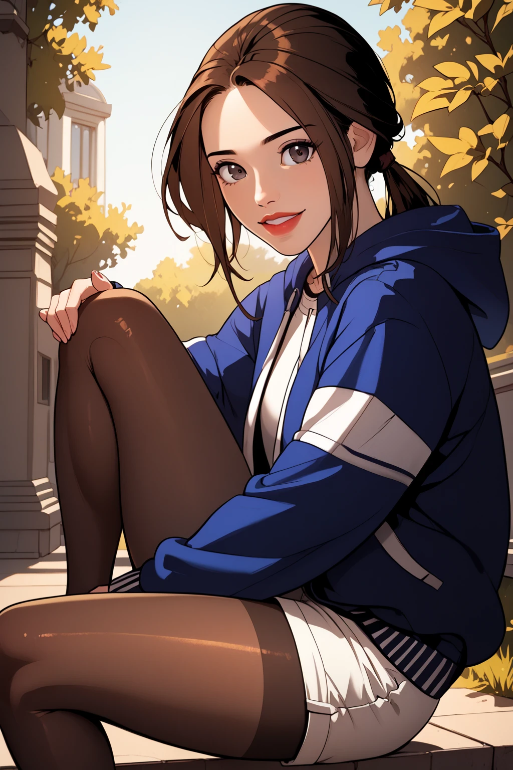 score_9, score_8_up, score_7_up, masterpiece, high quality, extreme detail, absurdres, (detailed skin texture) BREAK
 <lora:HayanPonyLora:1>hayan, bangs, short hair, ponytail, hoodie, letterman jacket, shorts, pantyhose, sneaker