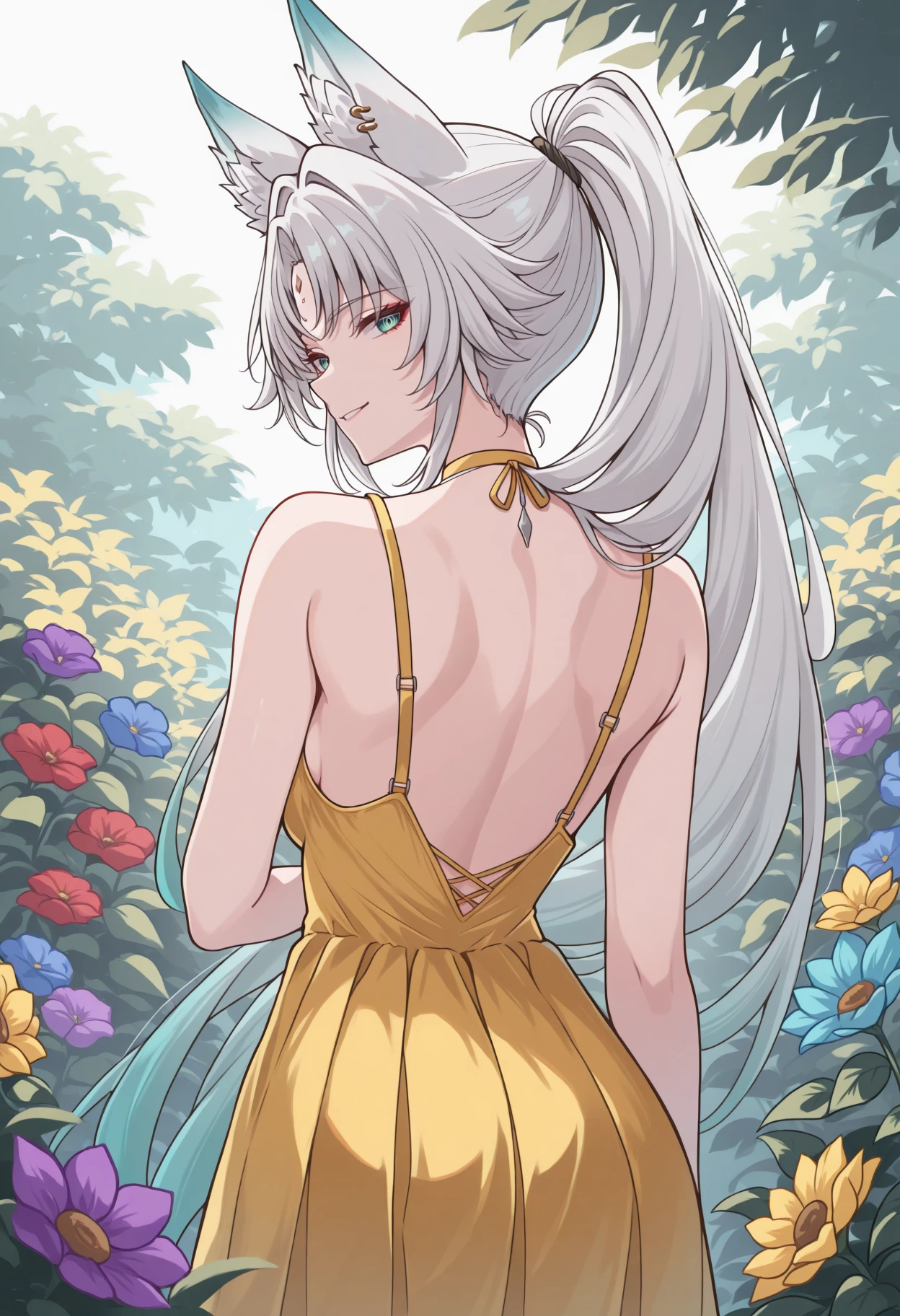 masterpiece, best quality, 1girl, solo, Fe1x10, animal ears, long hair, ponytail, multicolored hair, white hair, red eyeliner, ringed eyes, forehead mark, ear piercing, from behind, outdoors, looking back, smile, yellow sundress, garden, flower, red flower, blue flower, yellow flower, purple flower, hair over shoulder, <lora:ChamFeixiaoIllustriousXL:1>