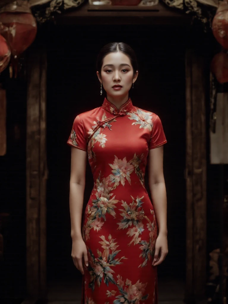cinematic film still of There are wonderful studio lights and various reflections,
her thin face is very delicate,(her waist is very thin :1.1),skin naturally showing the texture of blood vessels,detailed pale skin,
18yo beautiful cute chinese girl with blushing,(portrait:1.2),
<lora:gongli_a_f1_rank2_bf16:0.96>,
--,<lora:flux_realism_lora:0.8>,
<lora:cheongsam_f1_rank4_bf16:1>,gong li wearing cheongsam with floral print,
--,
This is a scene from the movie Raise the Red Lantern. She stands dignifiedly in an ancient Chinese house with a sad expression,and the red lanterns hanging on the eaves seem to tell a sad story.,dark night,outdoors,depth,, shallow depth of field, vignette, highly detailed, high budget, bokeh, cinemascope, moody, epic, gorgeous, film grain, grainy