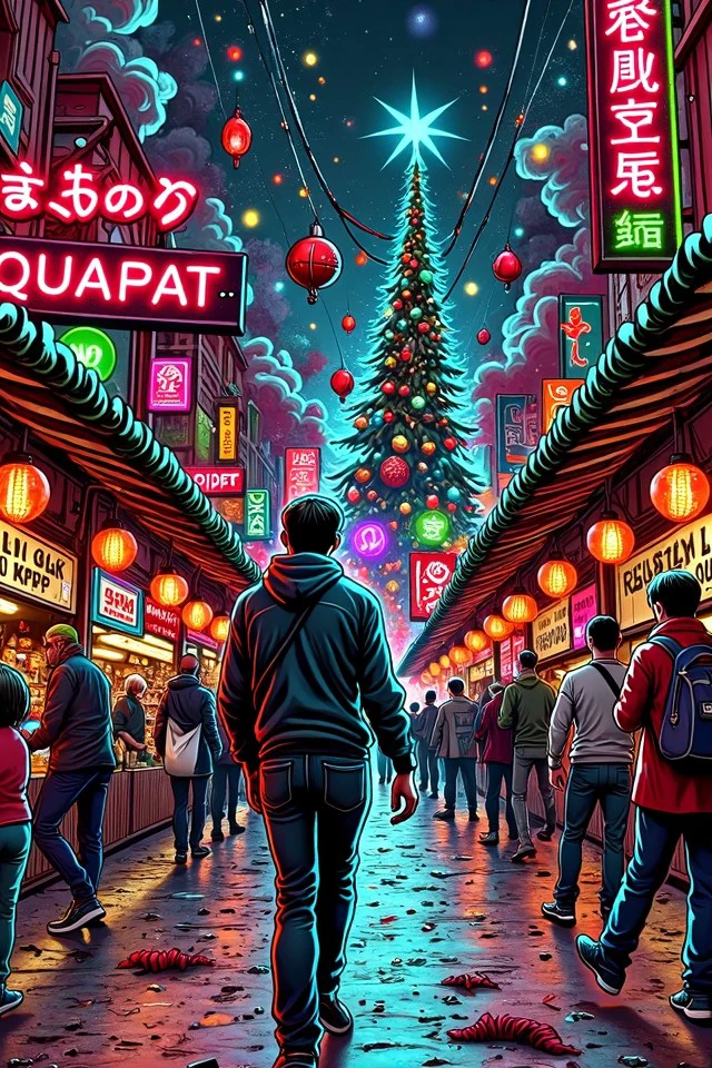 worxma style, smoke, ornaments, christmas tree, presents, explosion, illustration,
A man walking through a neon-lit marketplace at night: The air is thick with steam from food stalls, and vibrant neon signs in various languages reflect off the wet pavement. The man moves through the crowded street, their face illuminated by the flashing lights. , 
Supreme-grade quality, Strikingly detailed, Unprecedented quality, Artfully depicted, 
<lora:War_On_Christmas_Flux:0.75>