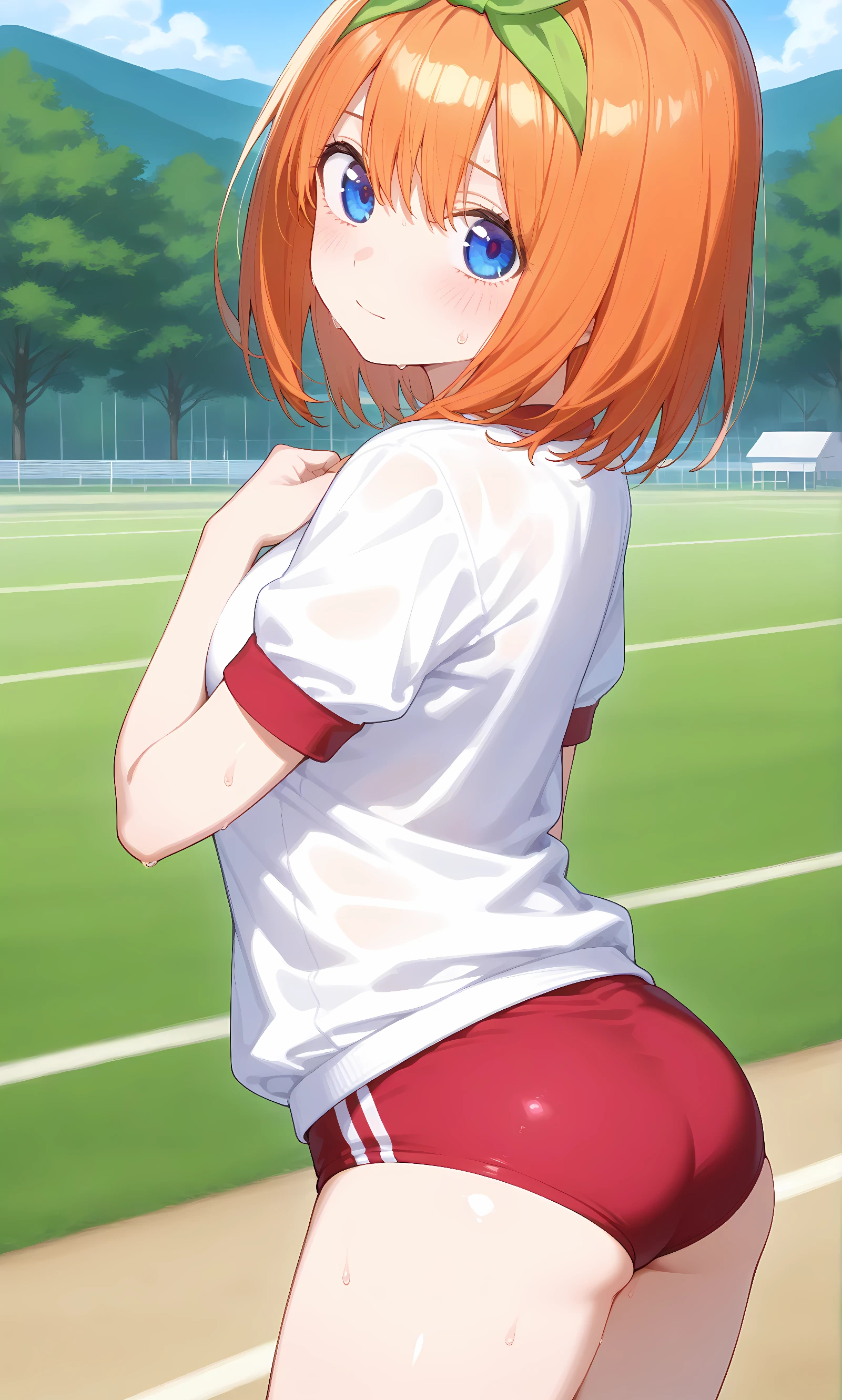 score_9, score_8_up, score_7_up, source_anime, 1girl, solo, outdoors, park, cowboy shot, looking at viewer, shiny skin, close-up, looking at viewer, nakano yotsuba, orange_hair, green_ribbon, hair_ribbon, hair_between_eyes, blue_eyes, medium_hair, white shirt, short sleeves, gym uniform, buruma, sweat, from side