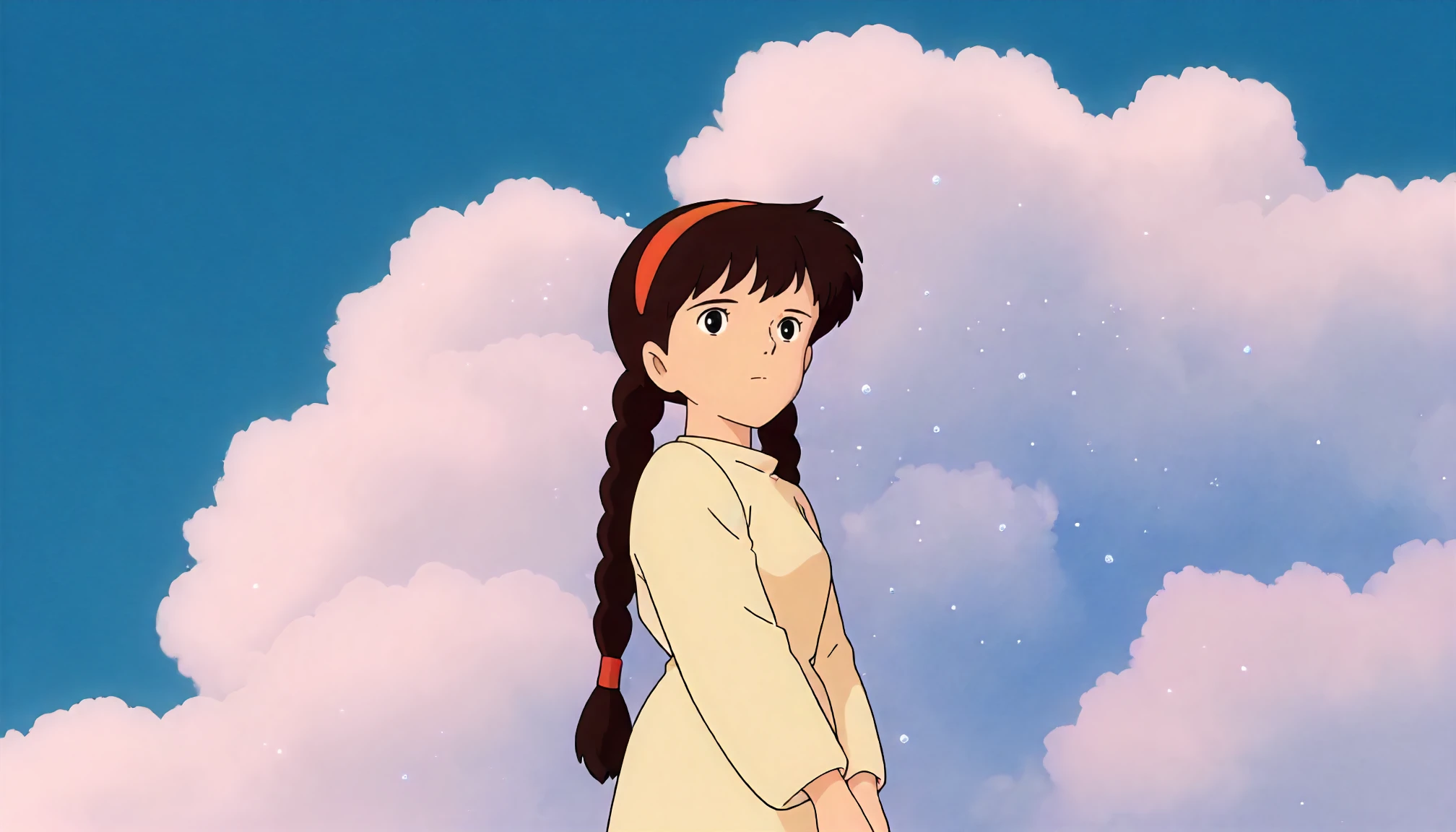 <lora:LCitS_sheetaXLIllustrious004>,
masterpiece,best quality,good quality,newest,
detailed background,blue sky,white cloud,glitter,
closed mouth,
looking at viewer,
solo,
ghibli,anime coloring,retro artstyle,1990s \(style\),
sheeta\(tenkuu_no_shiro_laputa\),1girl,black brown hair,hairband,twin braids,black eyes,
white long dress,long_sleeves,
standing,