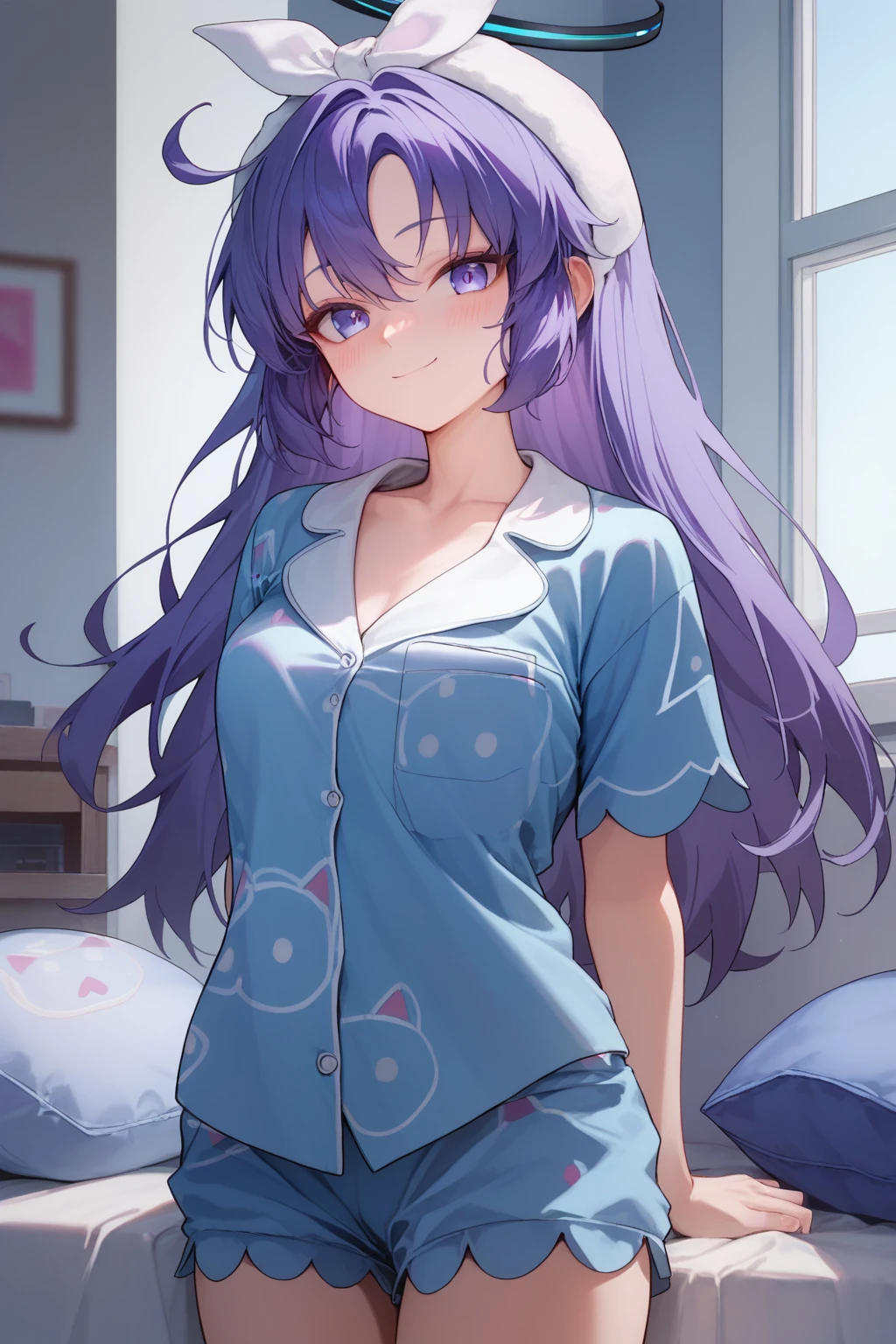 (score_9,score_8_up,score_7_up,),yuuka \(pajamas\) \(blue archive\),purple eyes,purple hair,pajamas,halo,white hairband,
blush,,cowboy_shot,smile,arms_behind_back,looking at viewer,<lora:yuuka _(pajamas_)_pony-000027:1>