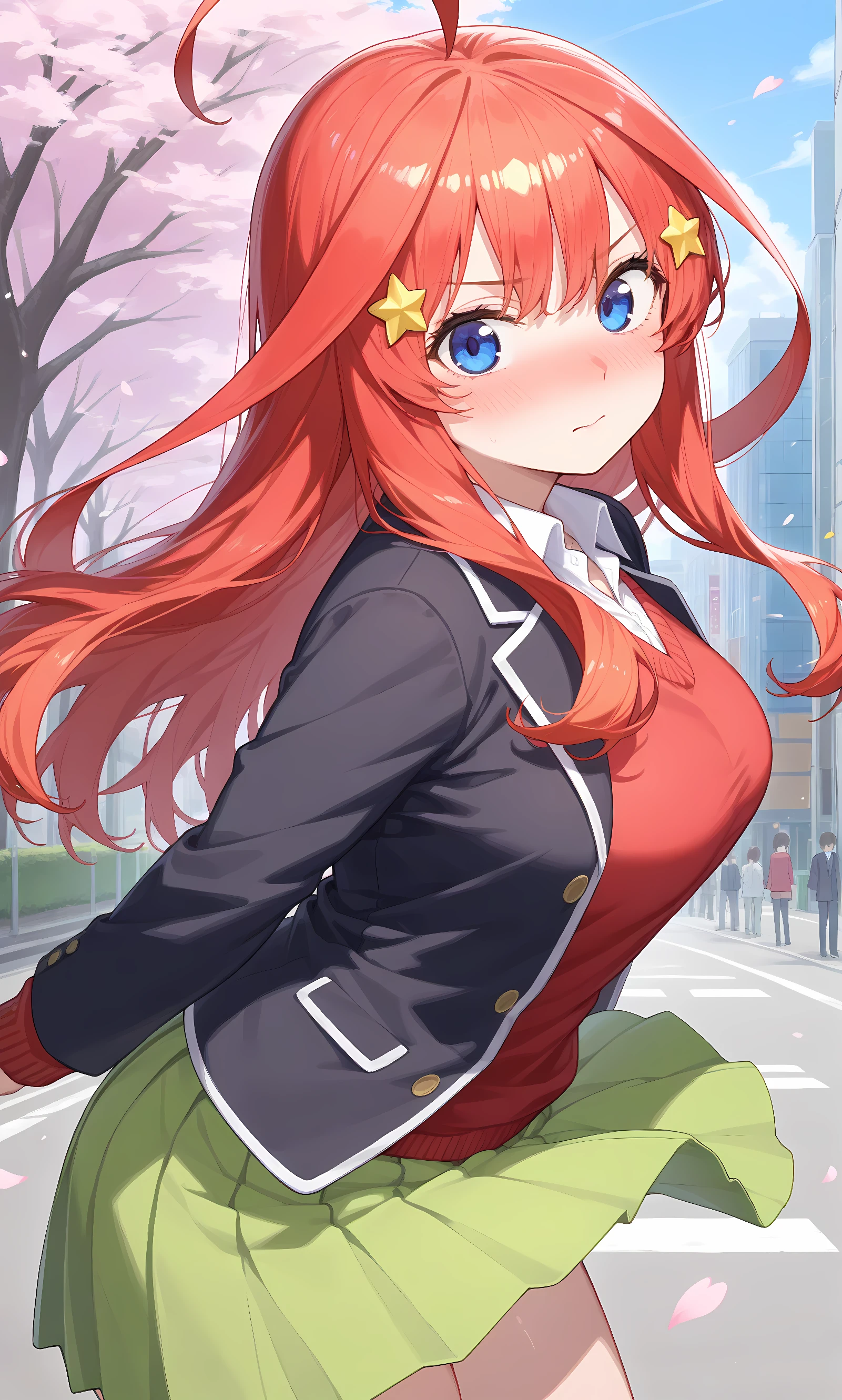 score_9, score_8_up, score_7_up, source_anime, 1girl, solo, outdoors, street, cherry blossoms, cowboy shot, looking at viewer, shiny skin, close-up, nakano itsuki, long_hair, red_hair, hair_ornament, star_hair_ornament, hair_between_eyes, blue_eyes, ahoge, collared_shirt, green_skirt, long_sleeves, open_jacket, star_(symbol), white_shirt, black_jacket, blazer, pleated_skirt, red_sweater, bent over, from side, serious, nose blush, wind lift 