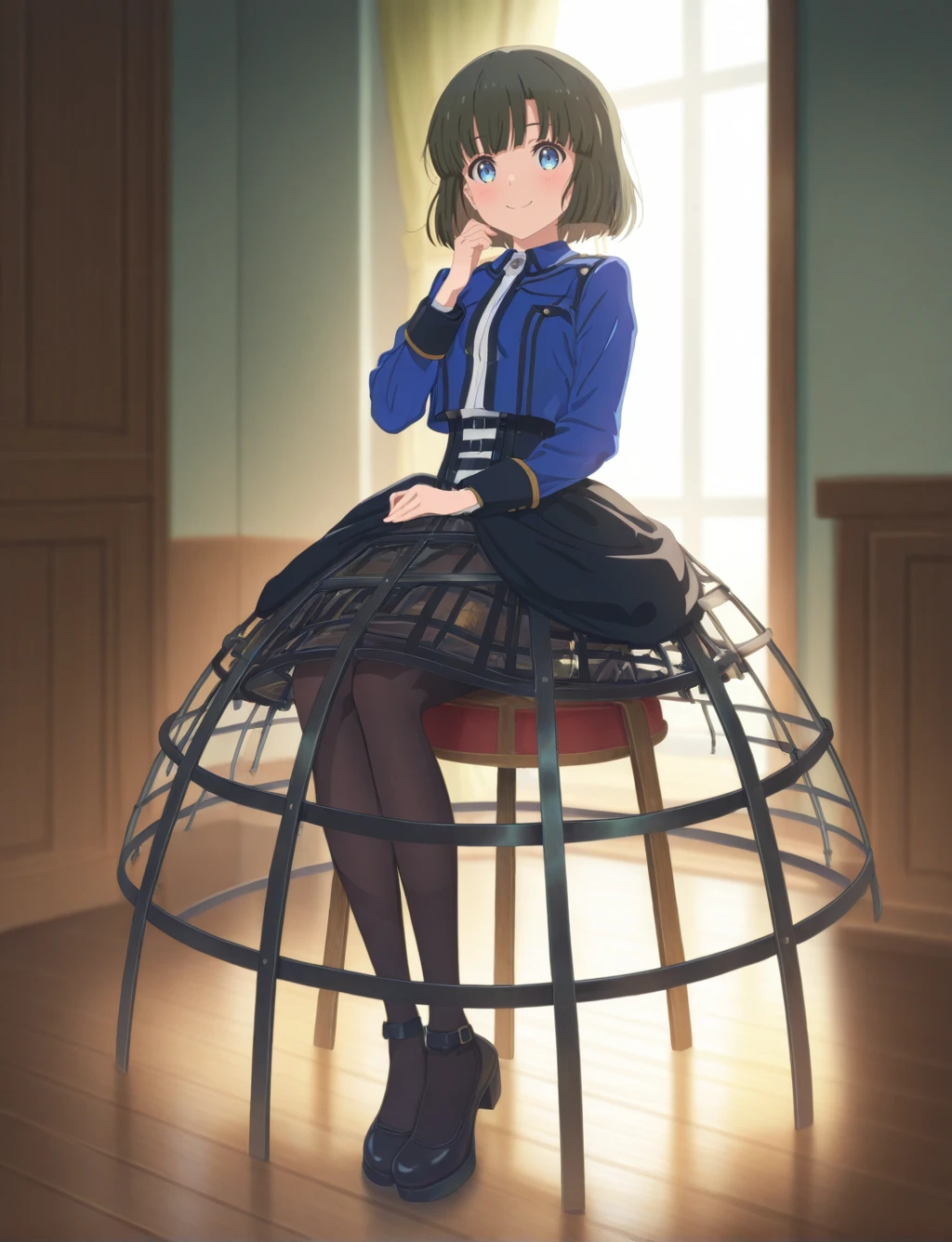 masterpiece,best quality,higres illustration,detailed face,1girl,solo,<lora:cagecrinoline_IL:1>,crinoline skirt,smile,sitting,stool,wooden floor,