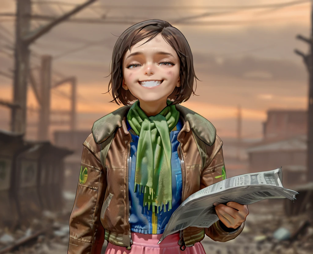 masterpiece, 1440p, 8k, UHD, amazing quality, high resolution,   <lora:Nat_Wright_Illustrious:1> NatWright, Fallout4, 1girl, solo, brown hair, short hair, jacket, green scarf, pink skirt, looking at viewer, upper body, newspaper in hand, reading newspaper, smug, grin,